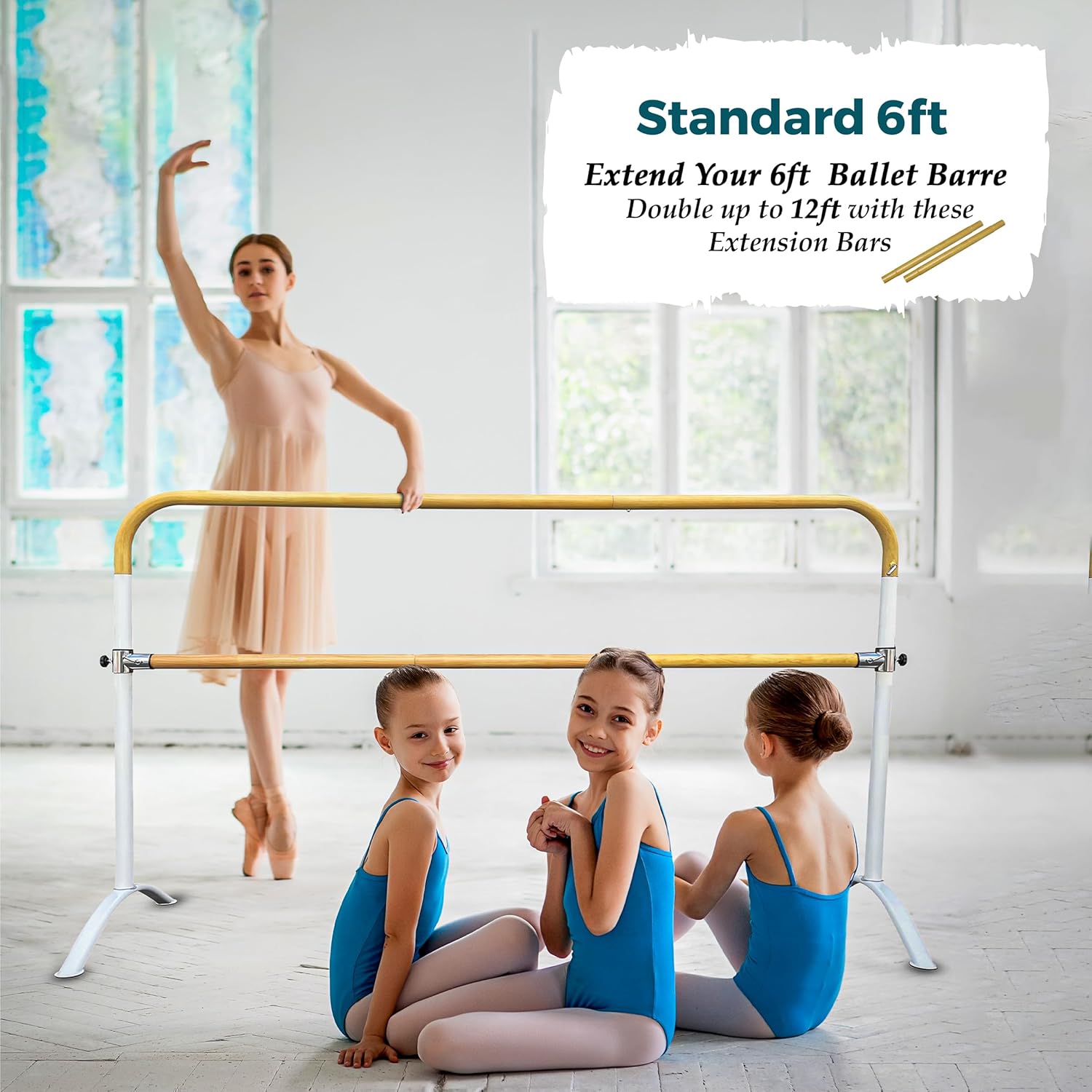 Extension for 6Ft Double Bar Curved Ballet Barre 25"/2Ft – Add-On Only, Not a Standalone Barre – Compatible with 6Ft Double Bar Ballet Barre