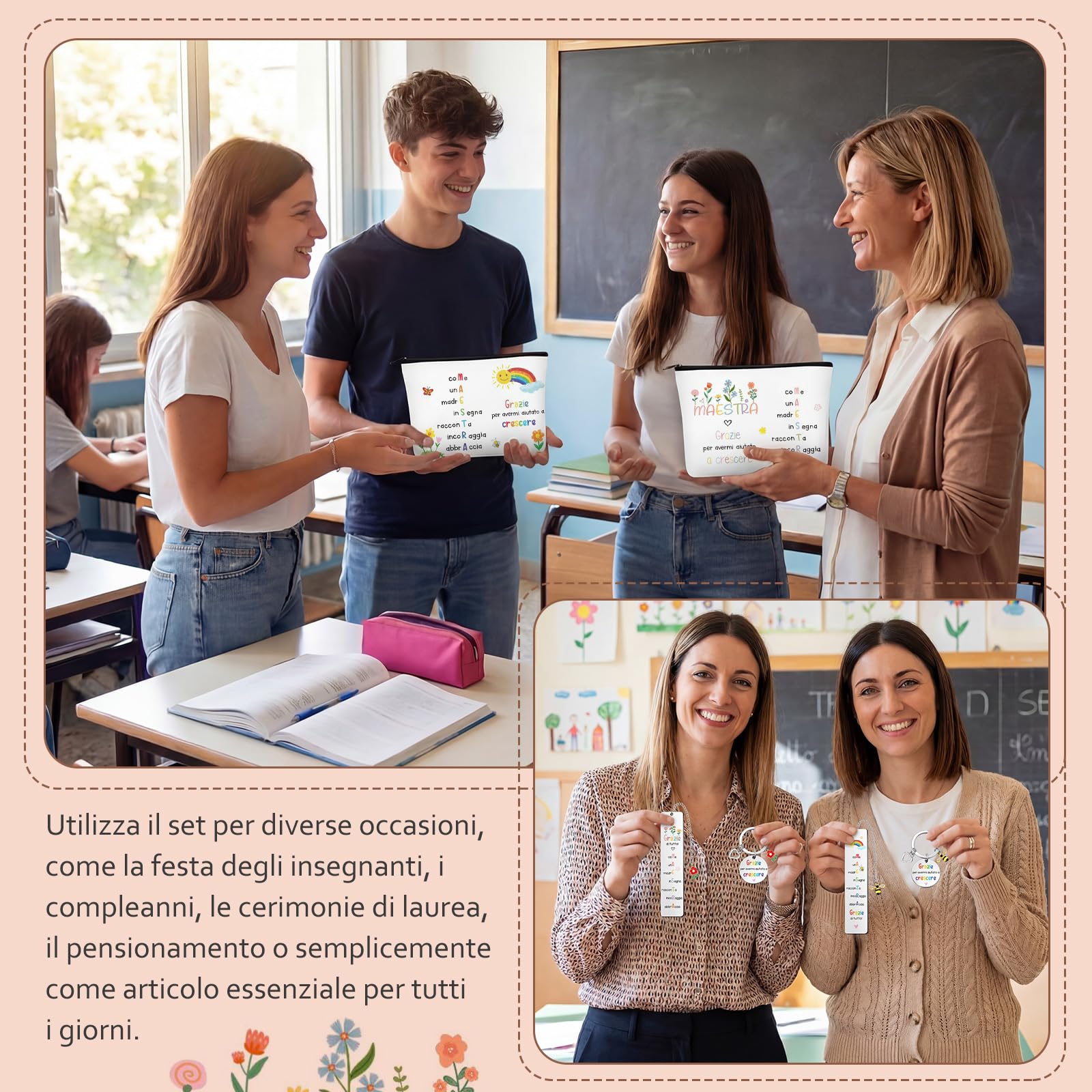 Xuniea 2 Set Regali Maestra Fine Anno Include 2 Segnalibri Maestra 2 Pochette 2 Penne e 2 Portachiavi Idee Regalo Insegnanti Pensieri per Asilo Grazie per Avermi Aiutato a Crescere