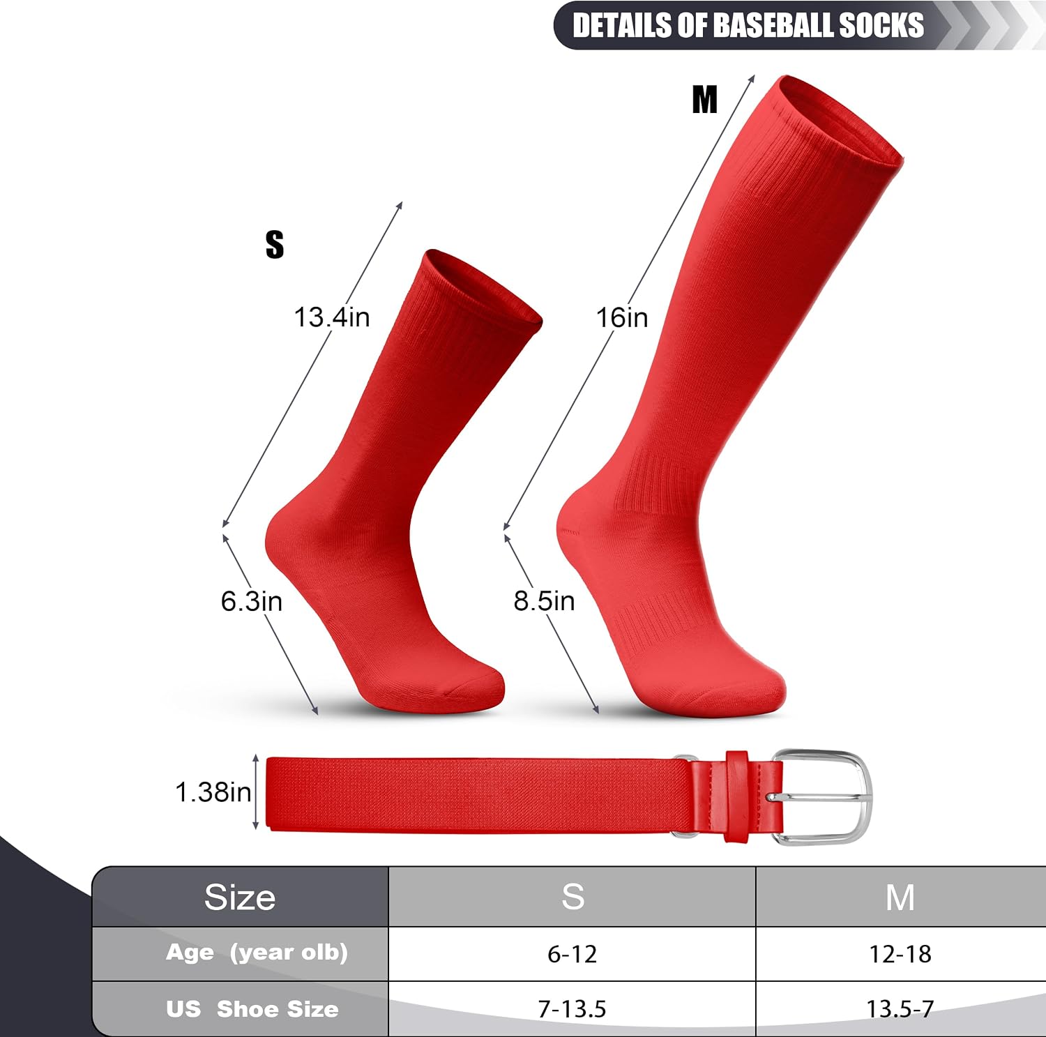 Baseball Softball Socks&Belt Combo Set for Kids Youth, Cushioned Breathable Moisture Wicking
