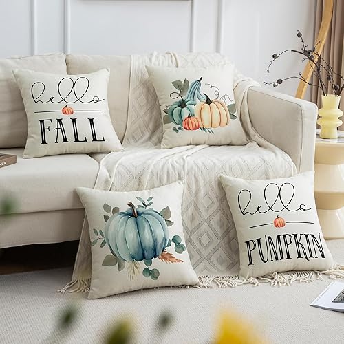 Miniatura 40 de Juego de 4 fundas de almohada de calabaza de otoño de 18 x 18 pulgadas, decoración de otoño, a rayas, para Acción de Gracias, casa de campo, 18 x 18