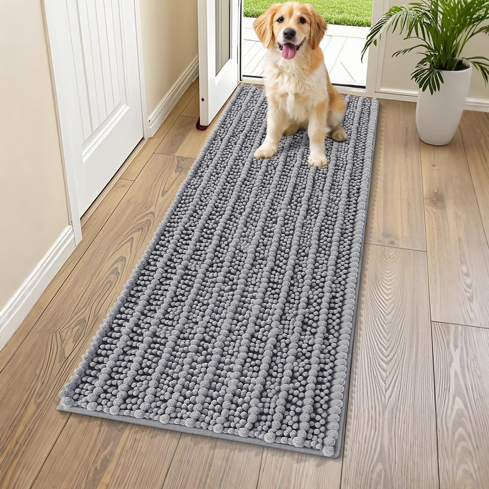 Smiry Muddy Paws 강아지 도어 매트, 140.9 x 61cm(59 x 24인치), 매우 부드럽고 흡수력이 좋은 셔닐 도어 매트, 습기 및 먼지 차단, 미끄럼 방지 세탁기 세탁 가능한 현관 매트, 실내 입구 바닥 내부 입구, 그레이
