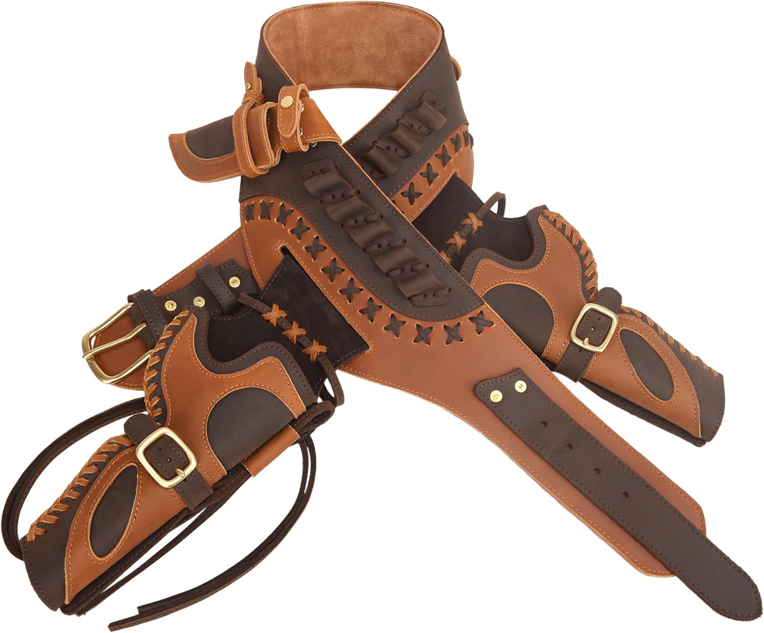 WAYNE'S DOG Western Gun Belt Holster and Dual Hand Leather Revolver Combo Set fit .45-70/.40/.44 Colt, Cowboy Costume