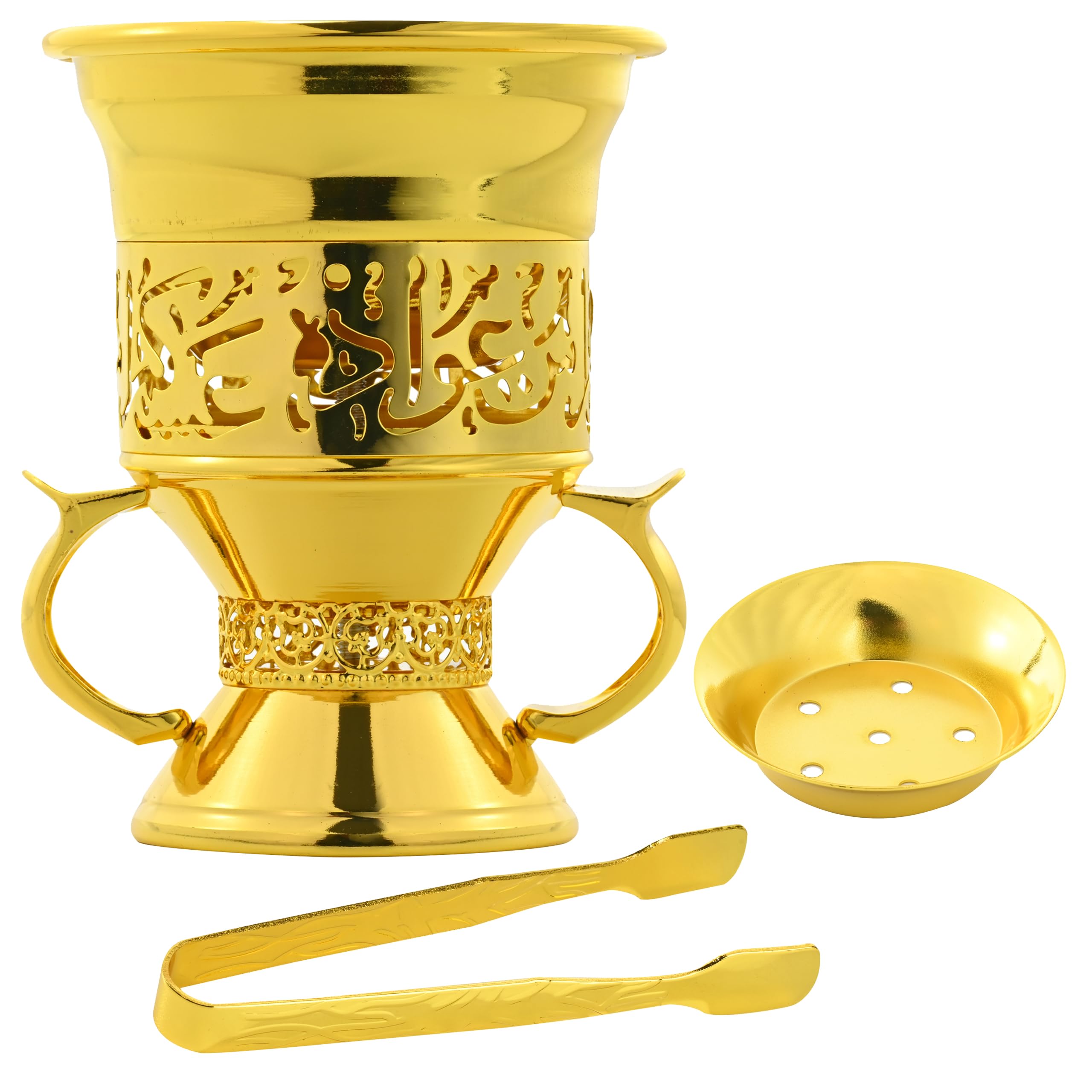 Metal Frankincense Resin Incense Burner, Incense Censer, Portable Bakhoor Burner, Charcoal Bakhoor Burner, Myrrh Burner with Tongs (Glod-02)
