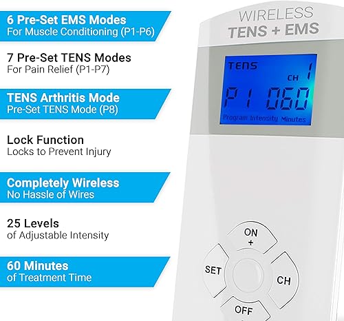Miniatura 5 de iReliev Sistema terapéutico inalámbrico TENS + EMS, unidad TENS inalámbrica + combinación de estimulador muscular para aliviar el dolor, artritis,