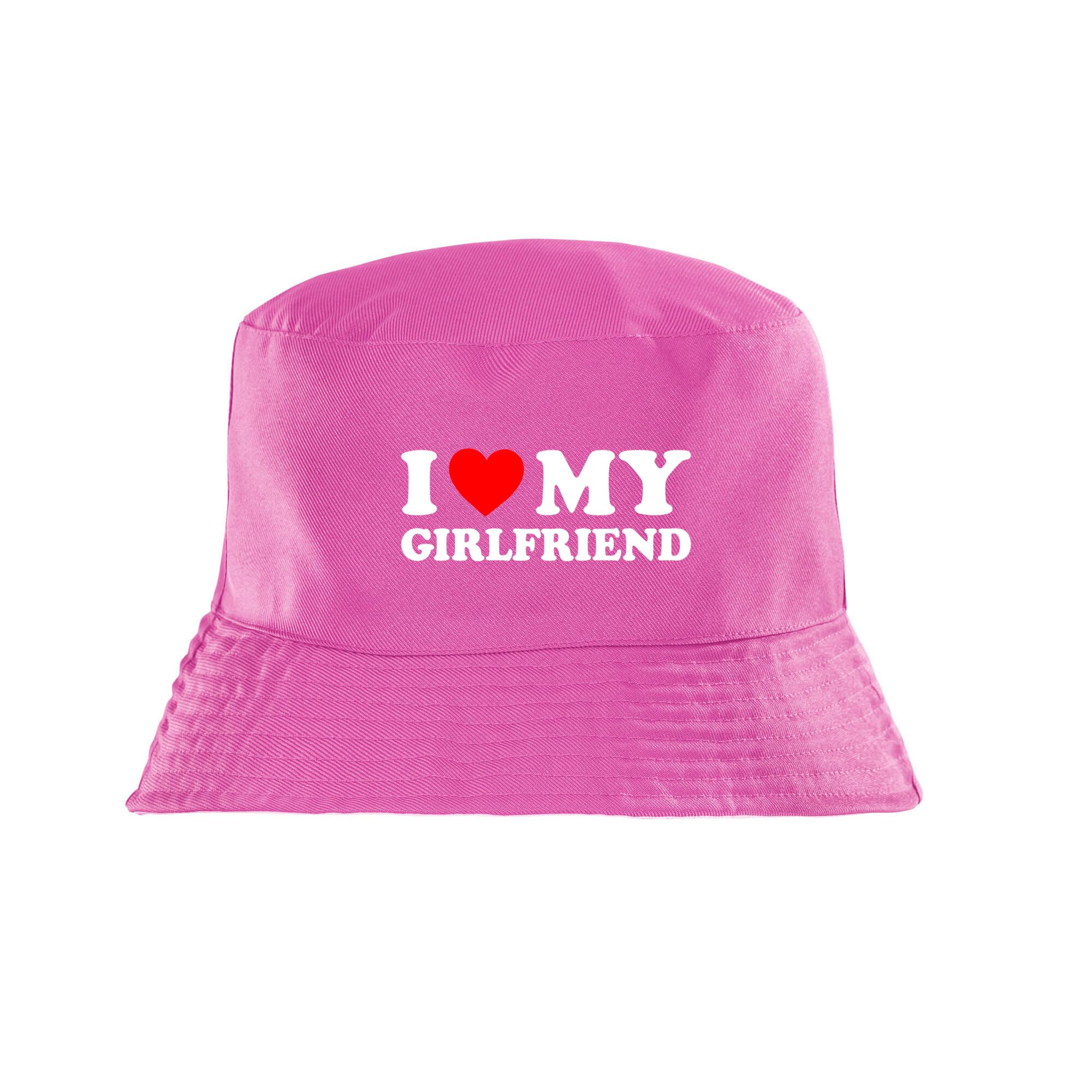 New Spirit Original I Love My Girlfriend, gf Couple Relationship Romance Adults Bucket hat, Novelty Hats Humerous Iconic Funny Fun Joke Pun Silly Trendy Pink