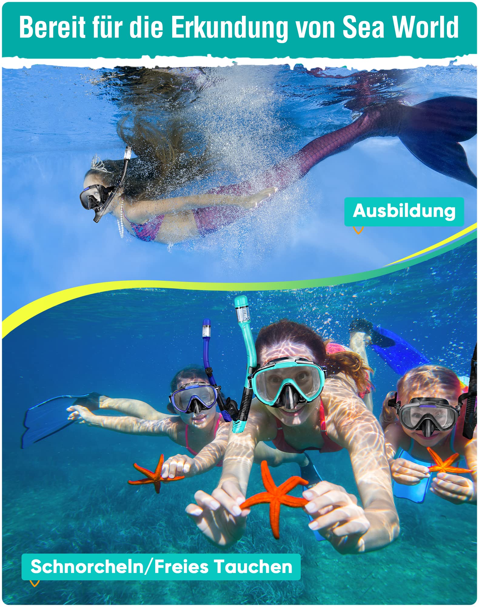 Schnorchelset Erwachsene, Taucherbrille Schnorcheln Set mit Panorama-Weitblick Tauchmaske, Anti-Leck Schnorchelmaske für Schnorcheln, Schwimmen und Tauchen