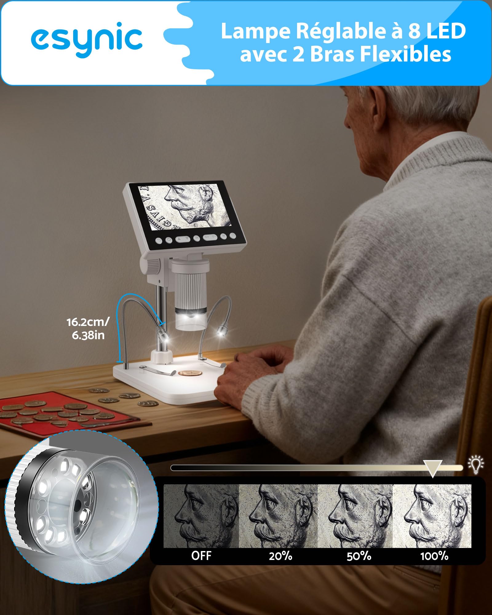 eSynic Microscope Numérique USB 5X-1000X 5MP 1080P avec Écran 4,5 Pouces | Zoom 5X à 1000X, 8 LED Réglables, 2 Projecteurs de Tuyau, Support Réglable, Carte MicroSD 32 Go, Compatible Windows et Mac