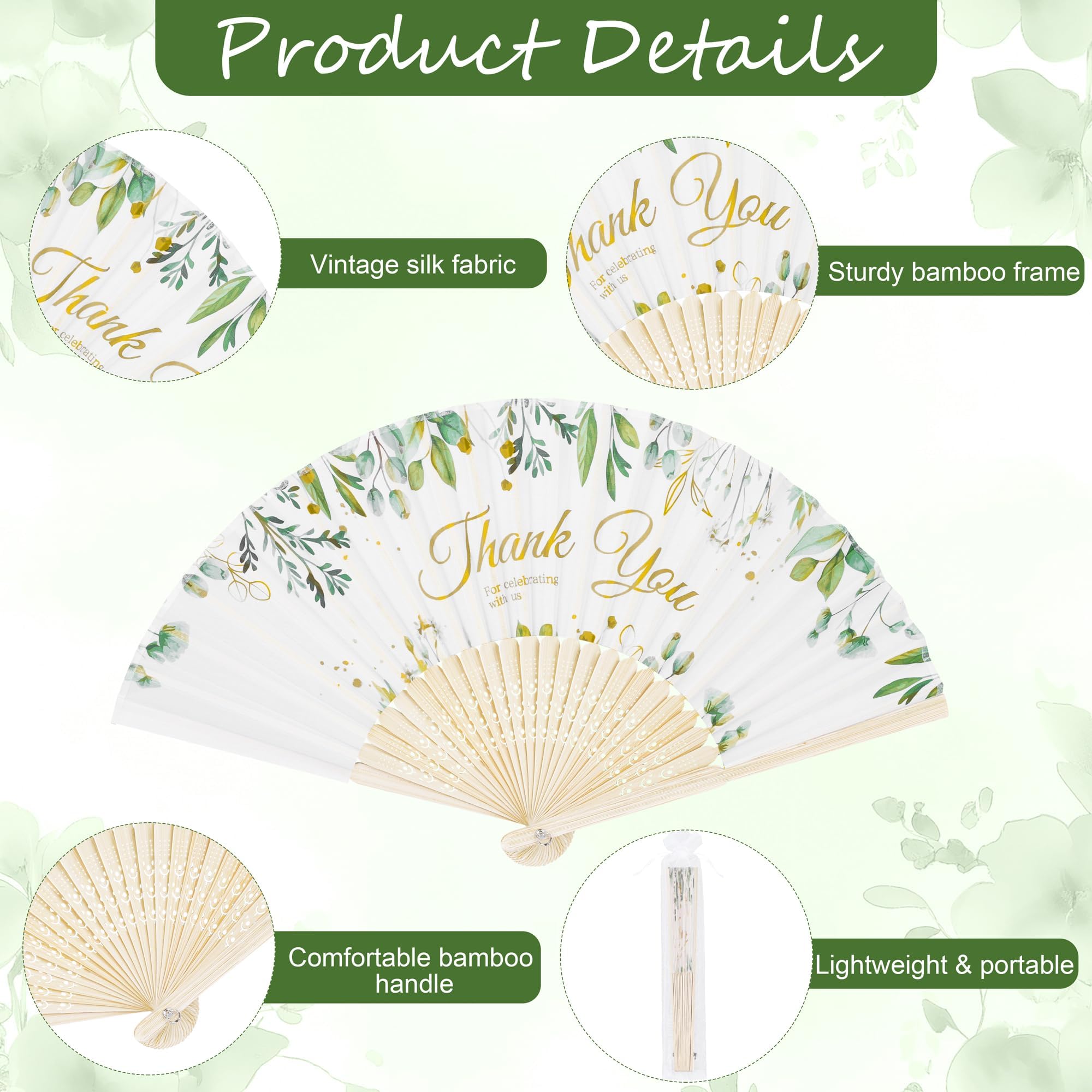 Aneco 30 Sets grüne Blätter Hochzeit Faltfächer Bambus Handfächer mit Organzabeuteln Tischschild Dankeschön Vintage Seide Handfächer für Brautdusche Hochzeit Party Dekorationen