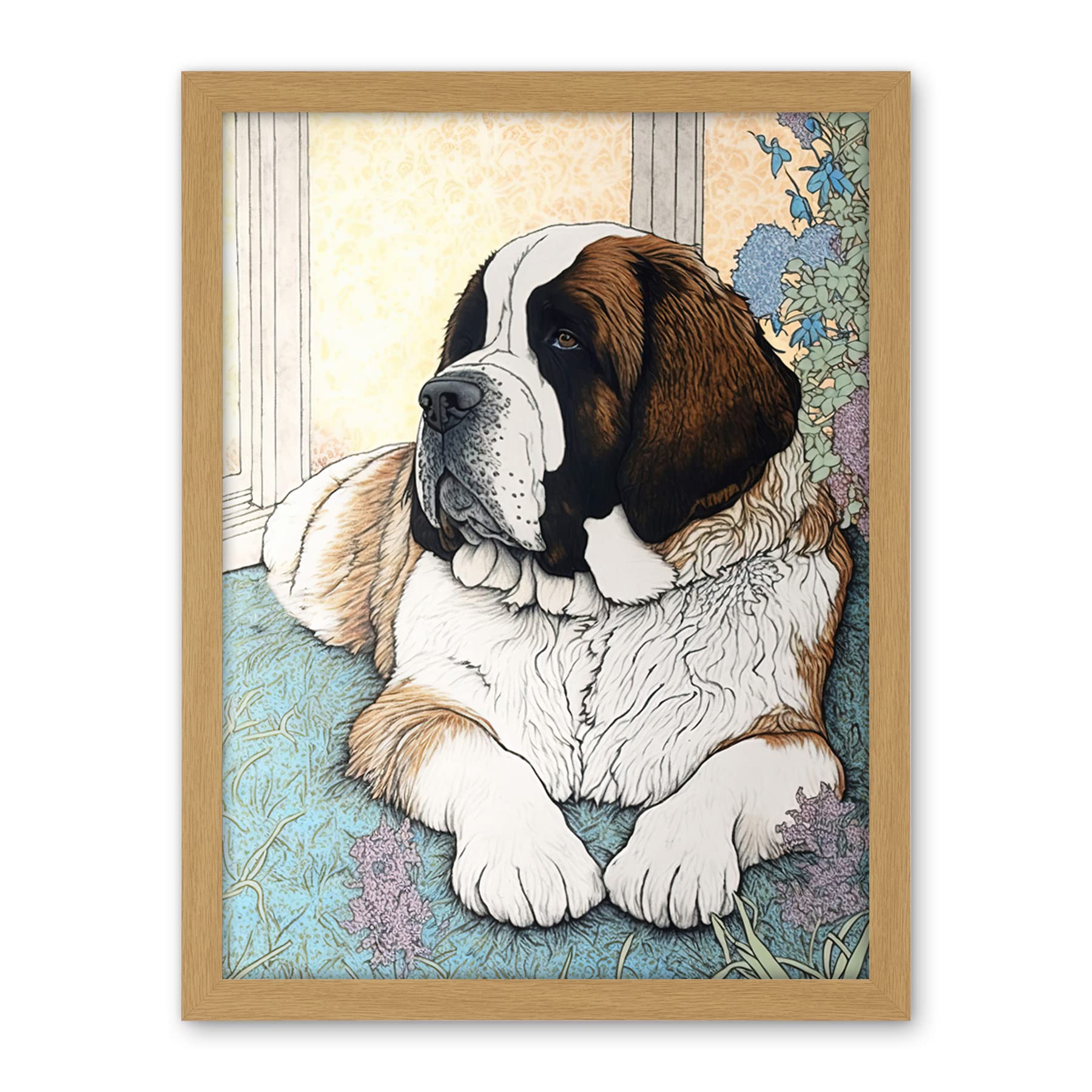 Artery8 St Bernard Dog Lying by Flower Pot Modern Bright Multicoloured Illustration Artwork Framed Wall Art Print 18X24 Inch