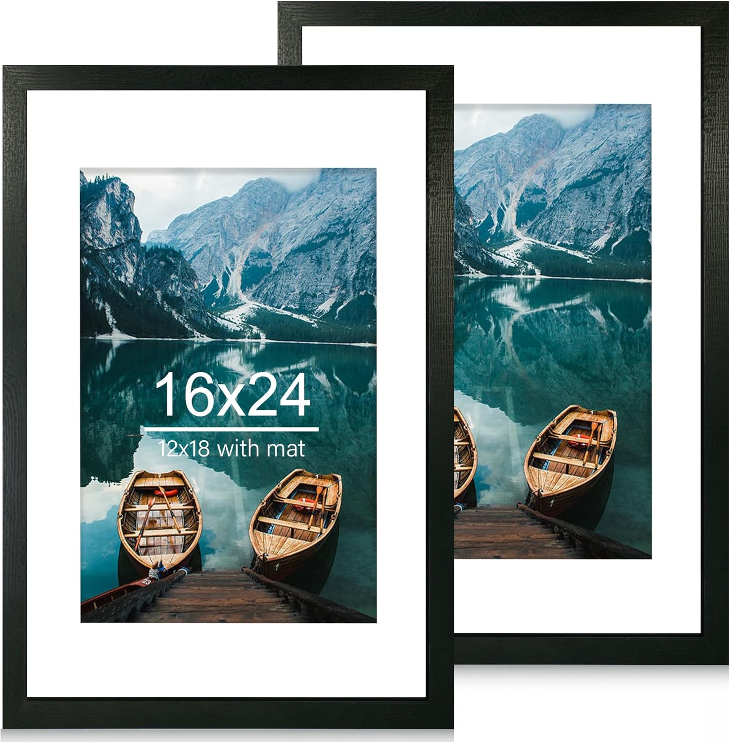 16x24 Frame Set of 2, Rustic Black Wood Style - Display 16 x 24 Picture without Mat or 12x18 Picture with Mat, Wall Mounting Horizontal and Vertical Rustic Black 16x24 in