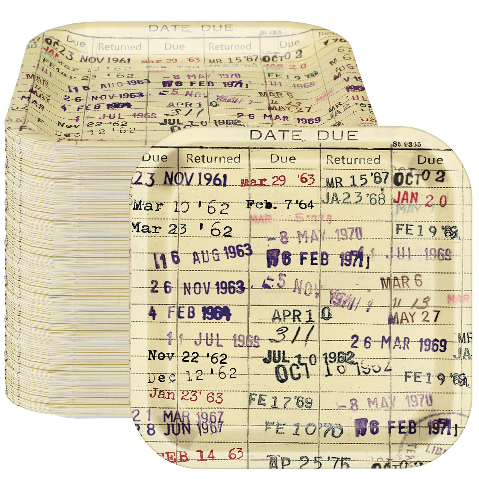 Crtiin 48 Pcs Due Date Card Book Club Vintage Plates Decorations Disposable Dinner Dessert Paper Plates for Library Reading Themed Table Decorations Dinnerware Party Supplies