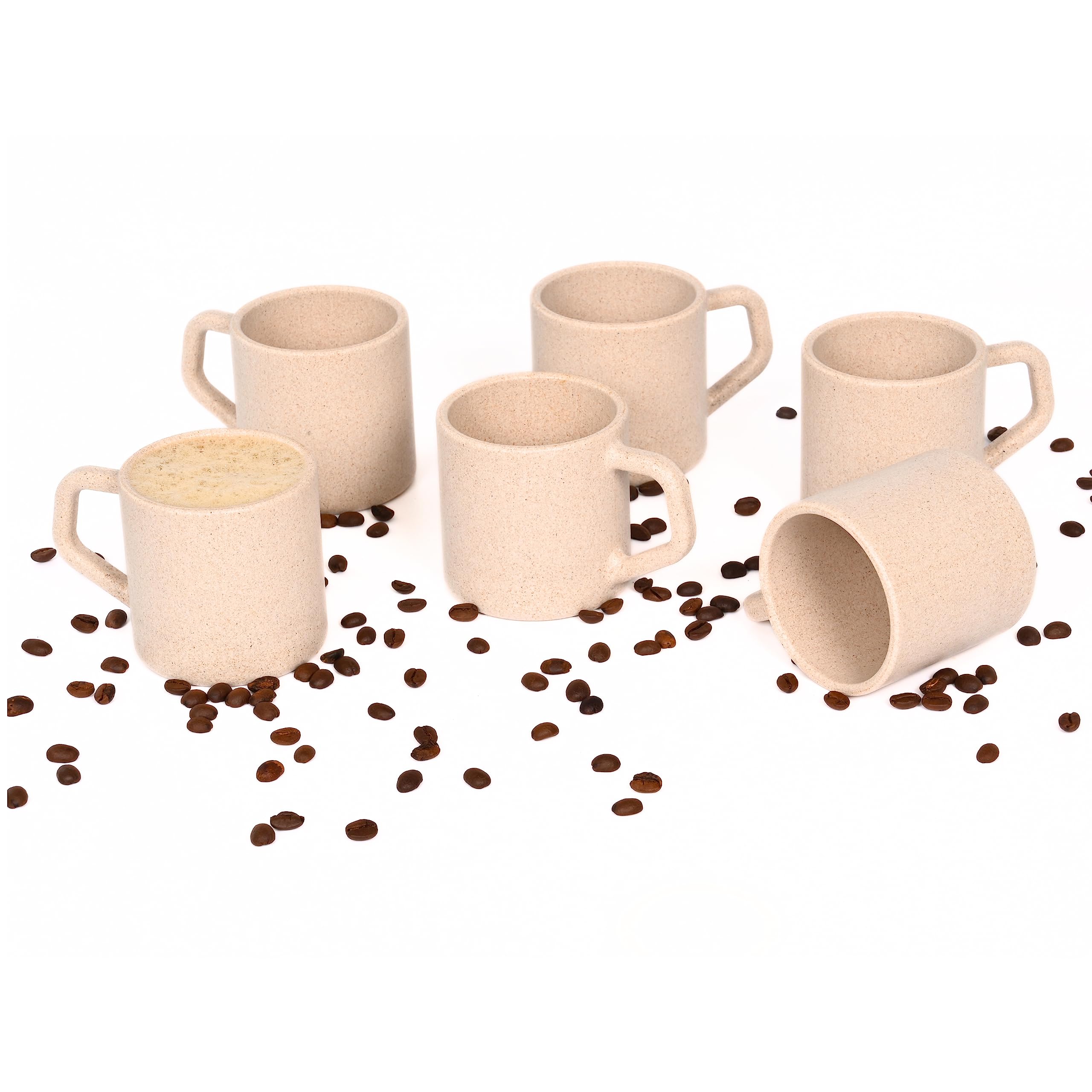 EhaEarth-Friendly Comfy Coffee Cup Set of 6 | 200 ml | Made with Rice Husk & Bamboo Fibers | Microwave Safe | for Hot & Cold Coffee Mug, Tea & Milk | Natural Matte Finish | Sand
