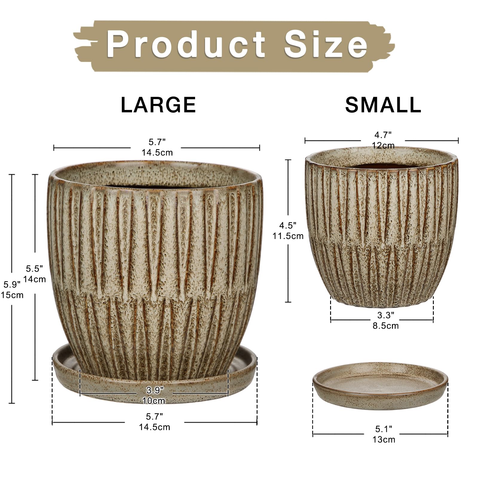 Oairse Ceramic Pots for Indoor Plants 4.7 +5.7 inch Pots for Plants Set of 2 Brown Plant Pots with Drainage Holes and Saucers Texture Ceramic Planters Indoor Outdoor Flower Pot for Succulent - Image 2