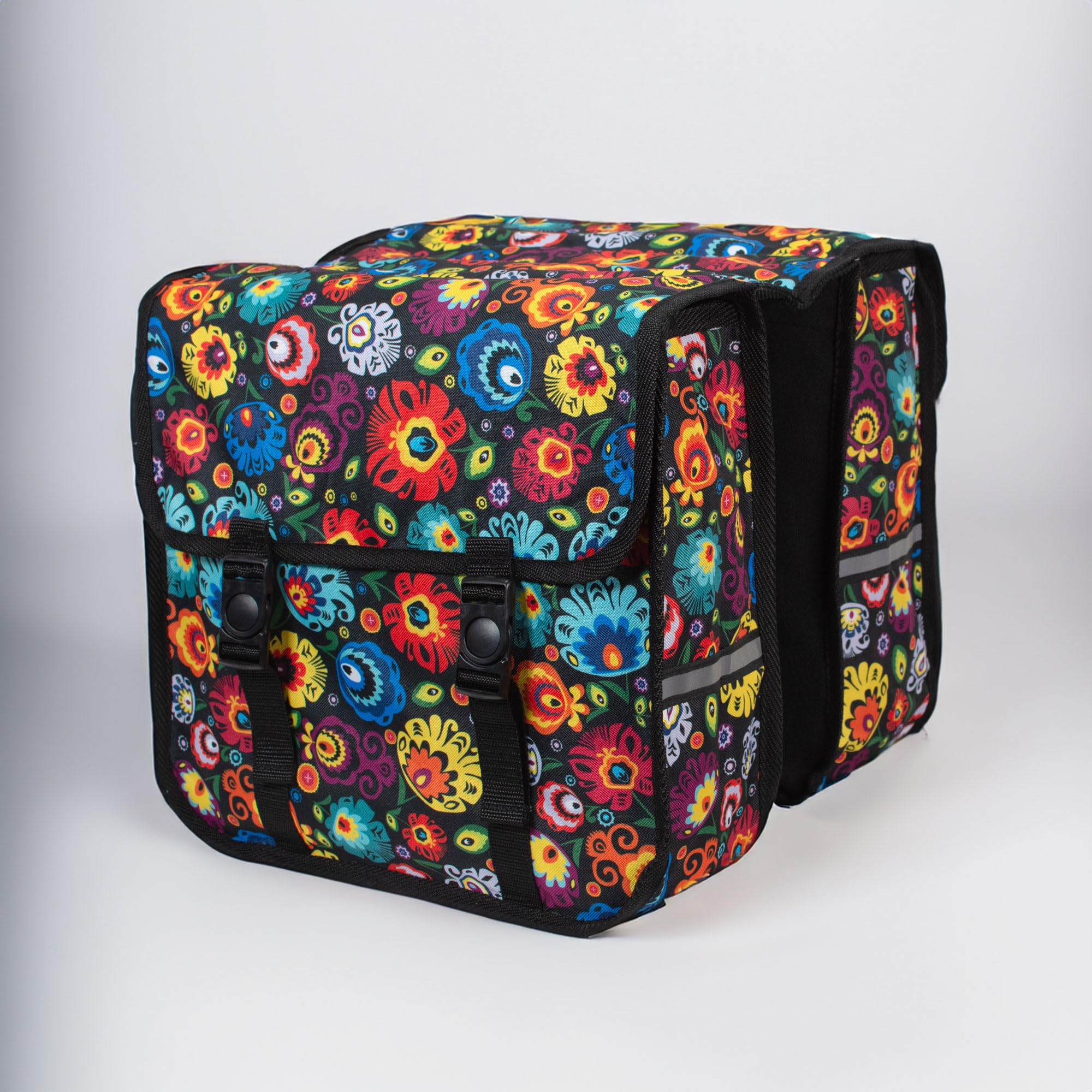 Classic CE - Borse Doppie Posteriori da Bici per Portapacchi - 26L (2x13L), Idrorepellenti, Base Rinforzata, Strisce Riflettenti (Fiori Folcloristici)