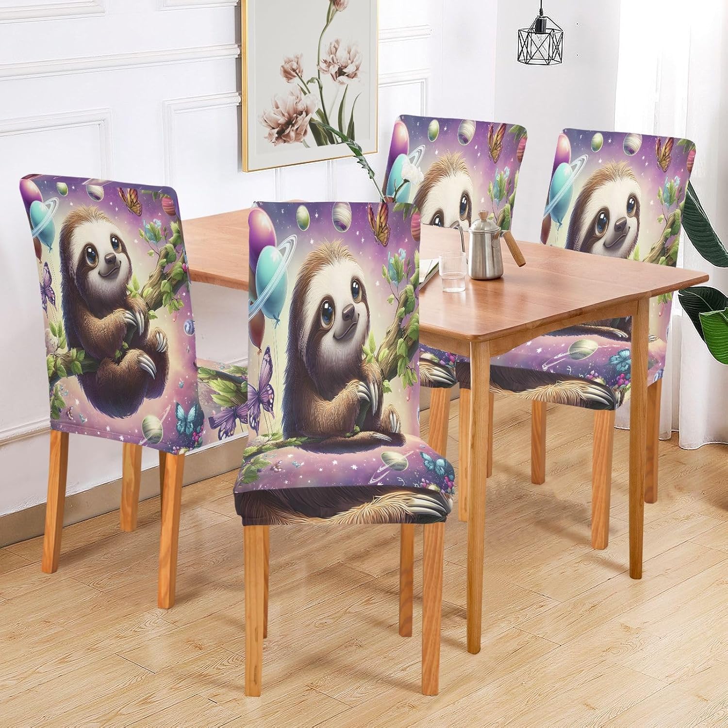 ALAZA Chair Covers for Dining Room, Sloth Starlist Sky Butterfly Branch Stretch Chair Cover Sets Chair Protector Removable Washable for Ktichen Restaurant Hotel