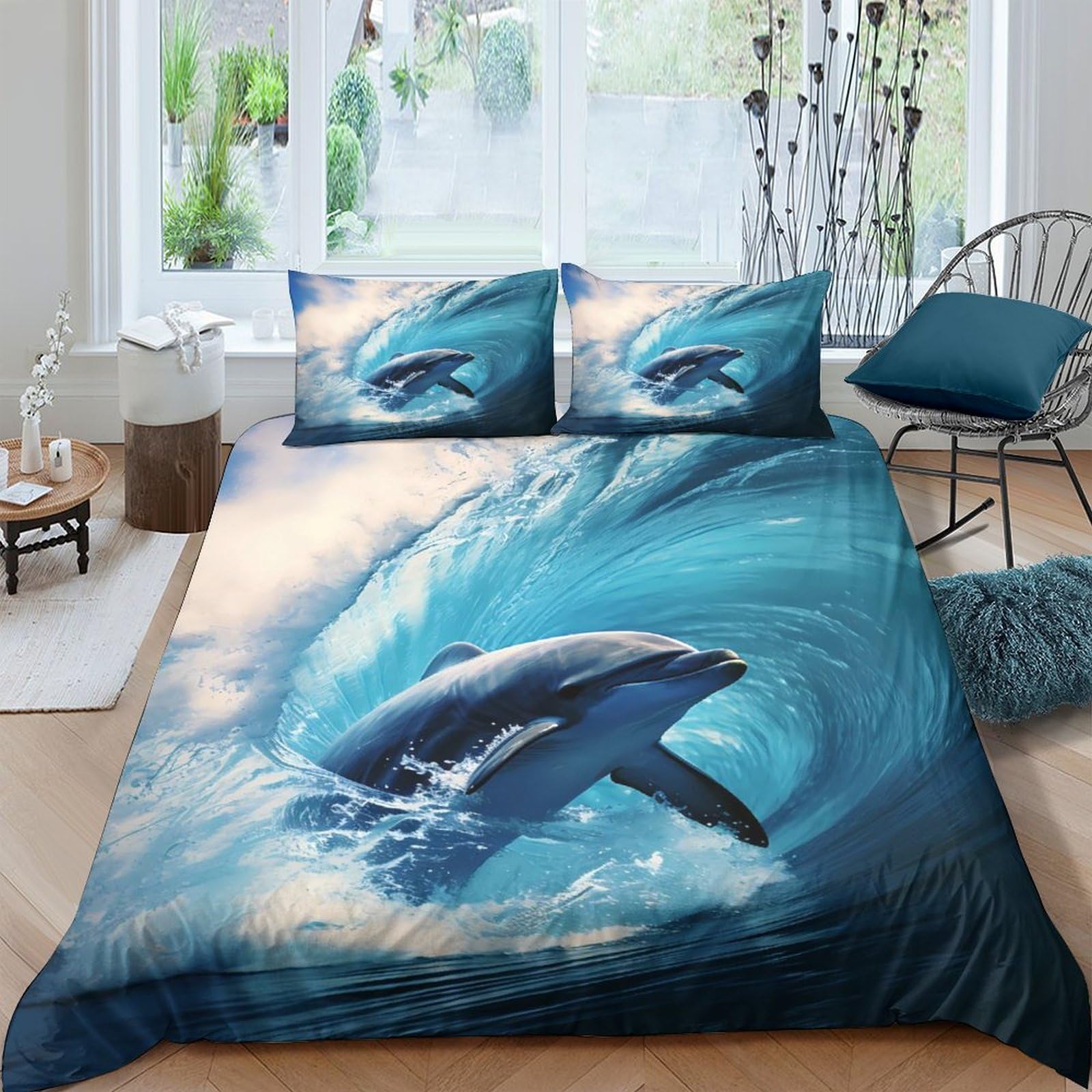 GPLZQXKJNH 3D Printed Ocean Dolphin Duvet Cover Microfiber Blue Wave Bedding Set with 2 Pillowcases for Bedroom Decor Single（135x200cm）