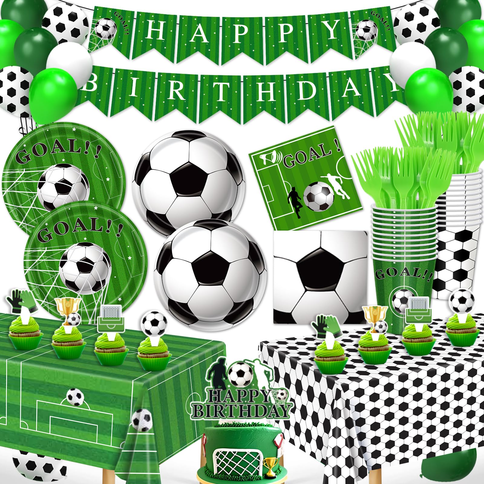 Soccer Party Decorations, 143Pcs Soccer Birthday Party Supplies-Serves 24 with Plates and Napkins Tablecloth and Birthday Banner Balloons for Soccers Sports Theme Birthdays Decorations