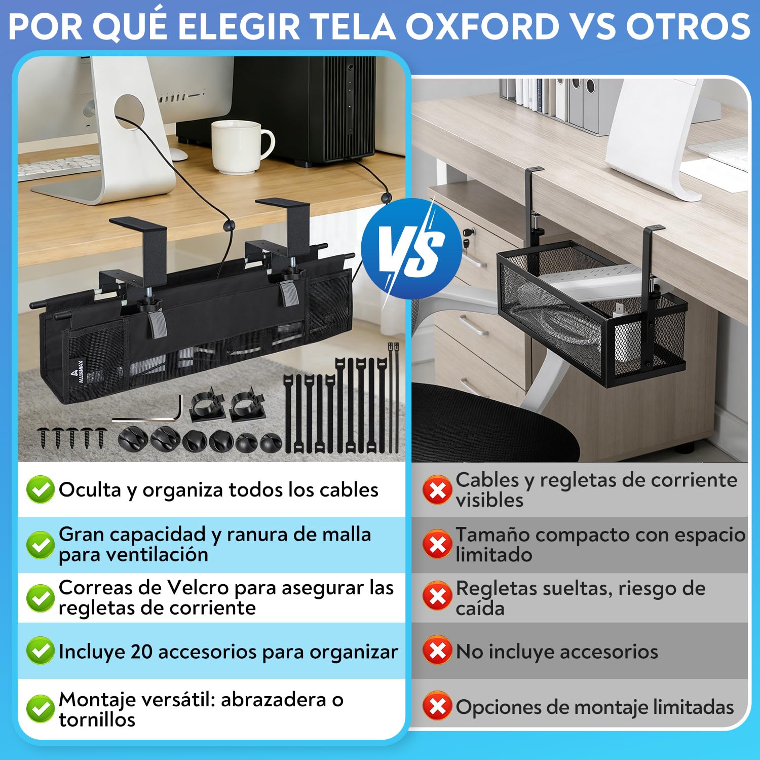 Organizador de Cables Escritorio de Tela, Montaje con Abrazadera o Tornillos, Bandeja Cables Escritorio Que Recoge, Organizer y Ocultar, Management Under Desk Kit para Oficina en Casa — view 5
