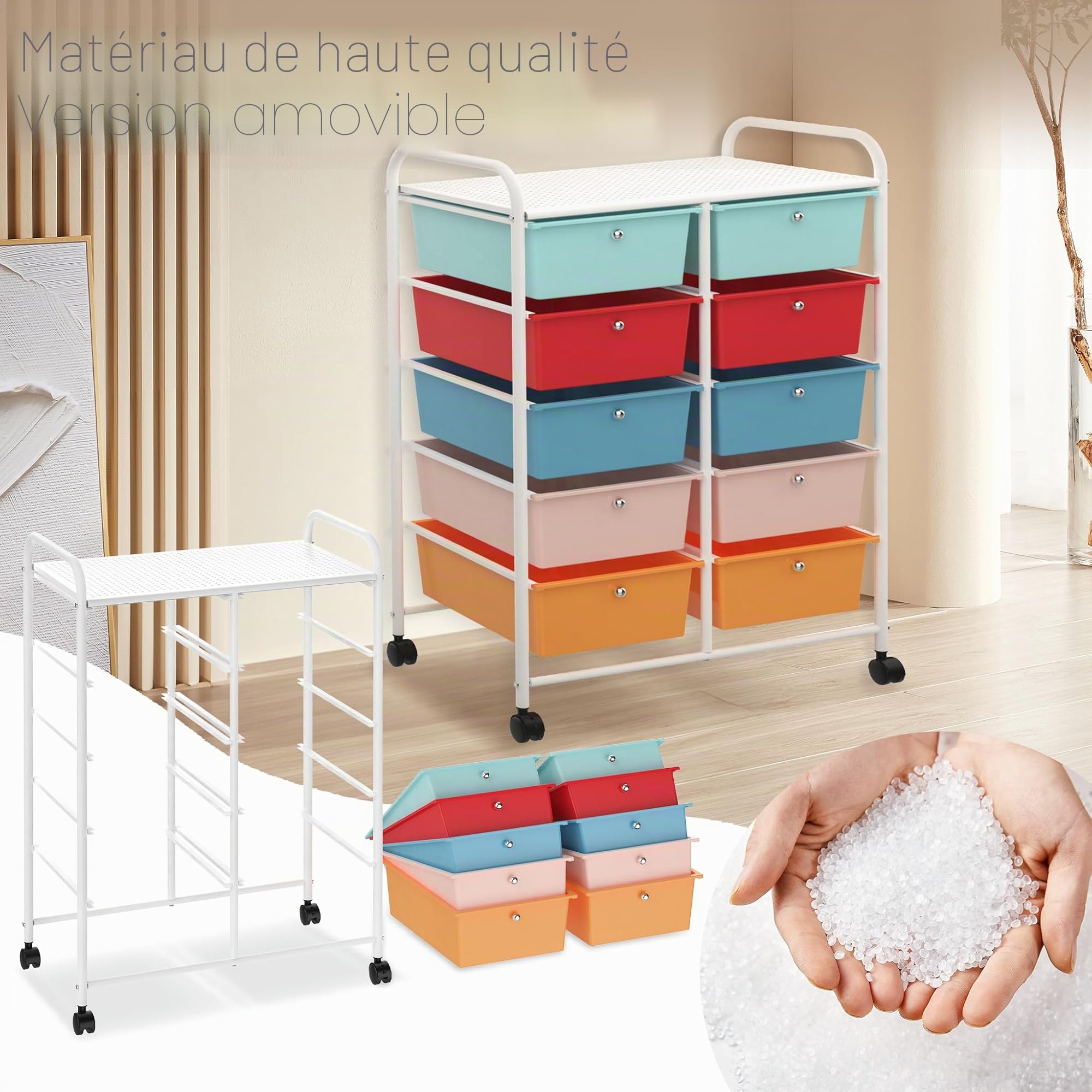 UISEBRT Chariot à roulettes avec 10 tiroirs empilables, chariot de rangement pour bureau, salon (96 x 39,5 x 66 cm)