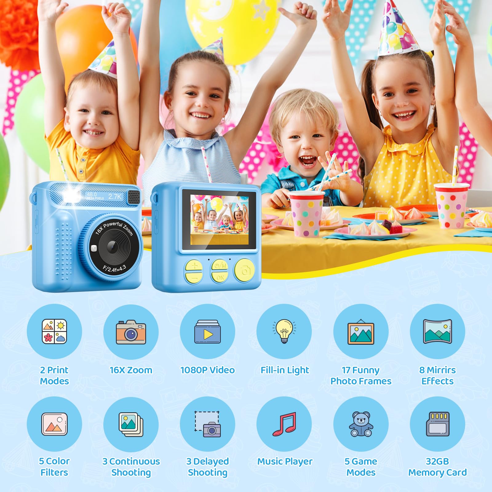 Kids Camera Instant Print, 1080P HD Instant Print Camera for Kids, Blue Selfie Video Camera with 32G Card & Print Paper, 2.4