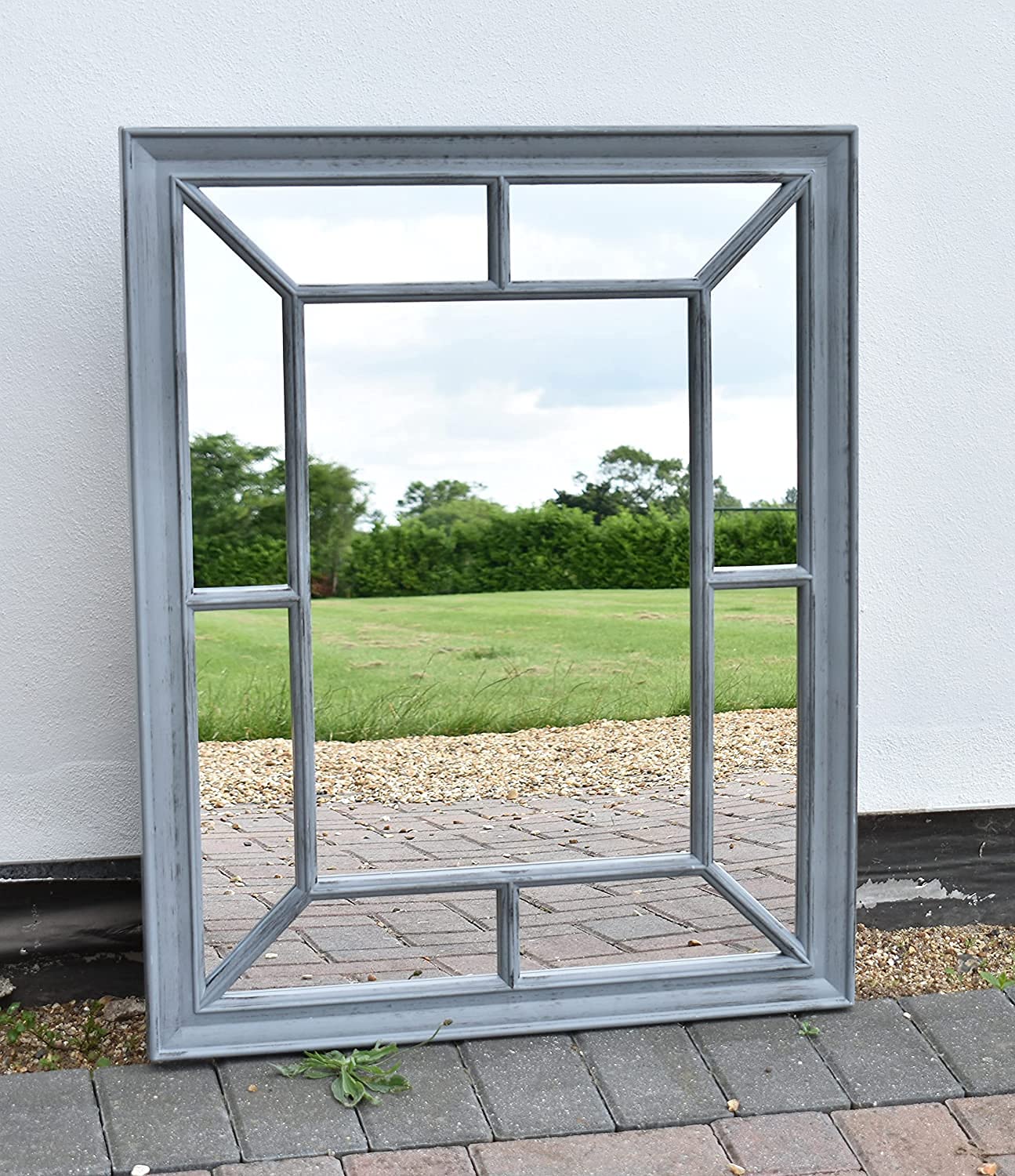 Biznest Grey Large Living Mirror Window Style Wall Mirror Rustic Look Distressed Simply Stylish Decor Mirror 76X60cm