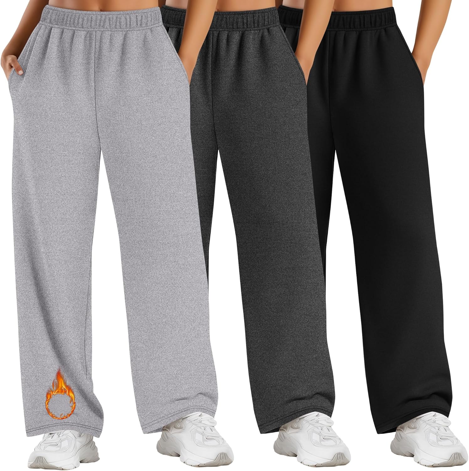3 Pack Women's Plus Size Fleece Sweatpants Thermal Wide Leg Elastic Baggy Jogger Warm Pants Winter with Pockets