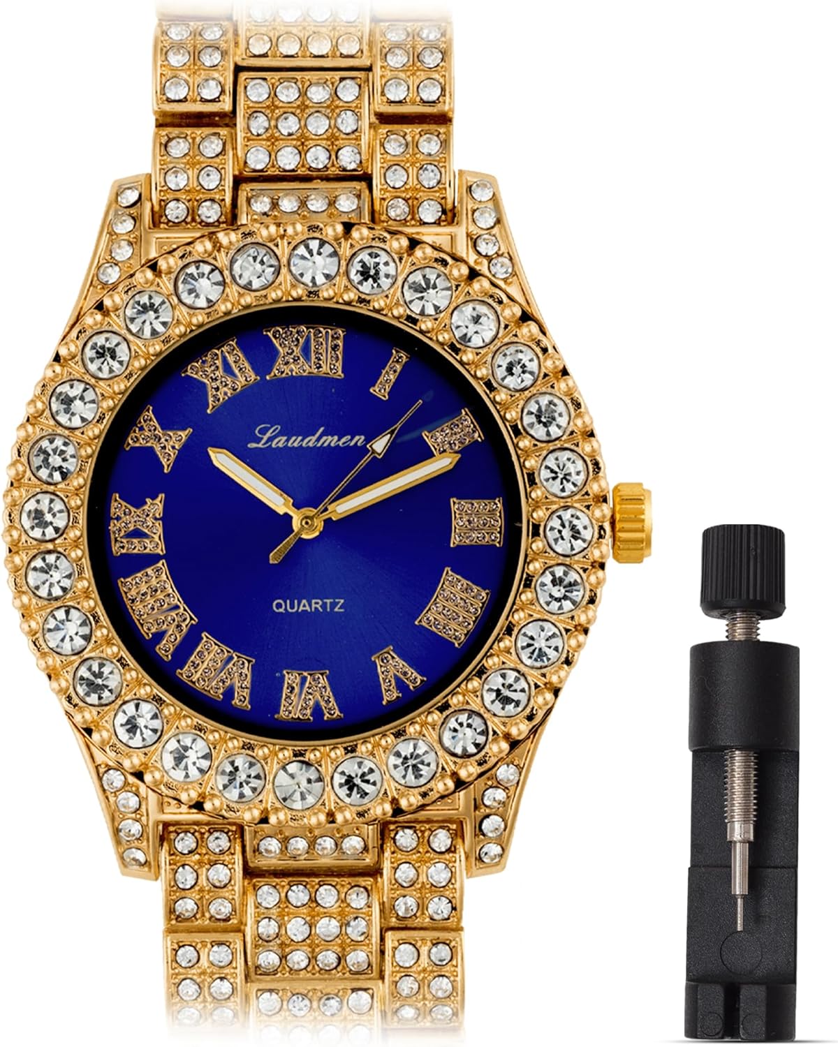Women's Luxury Iced Bling Out Roman Numerals Watch & Bracelet Set – Big Rocks Bezel, Colored Dial