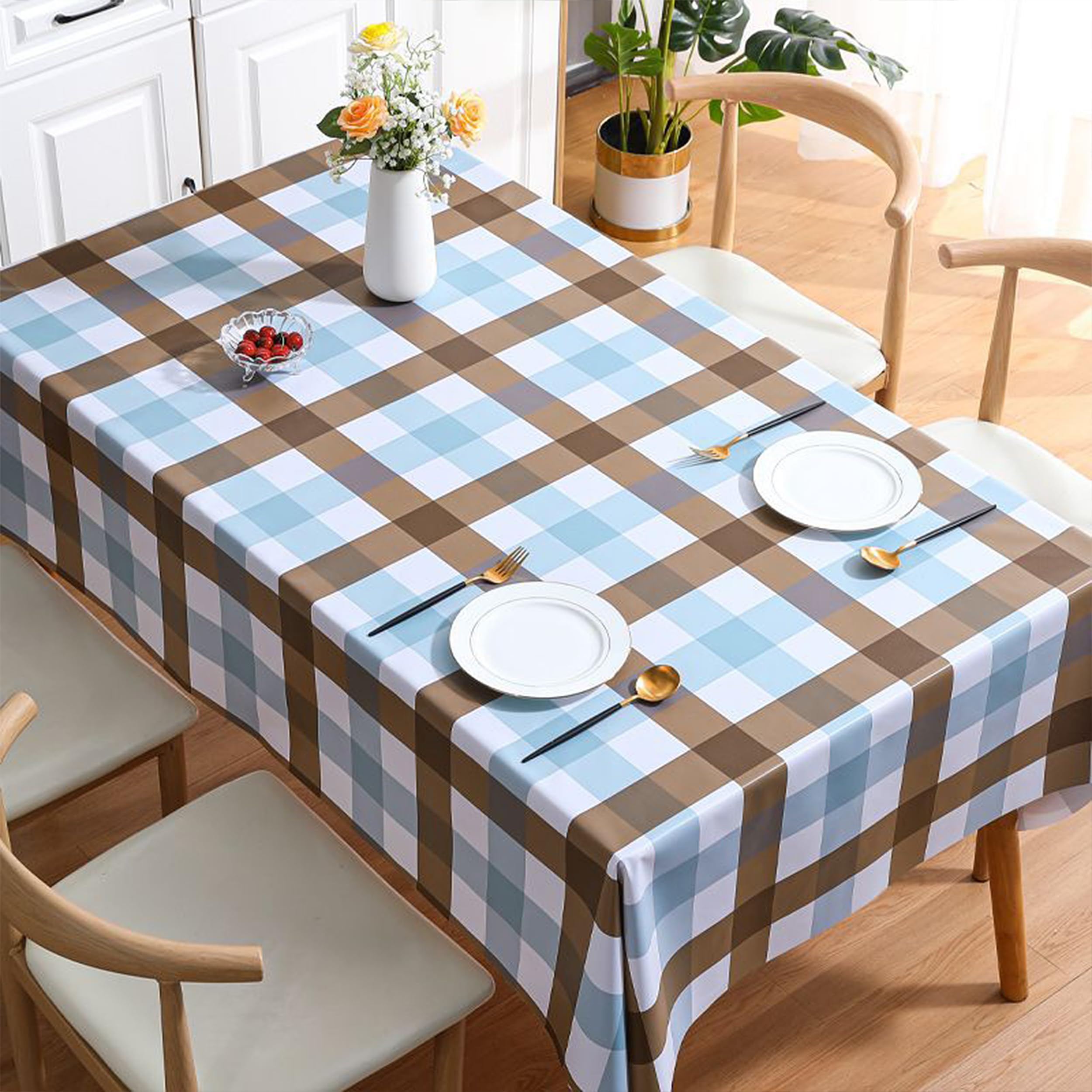 Yindella PVC Dining Tablecloth Cover Waterproof Oil-Resistant Rectangular Kitchen Table Cloth with Clear Flower Printing Texture for 4 to 6 Seater (Grid-Blue, 55 inch x 71 inch (140cm*180cm)) (B0CTGK5CTK) Amazon Price History, Amazon Price Tracker