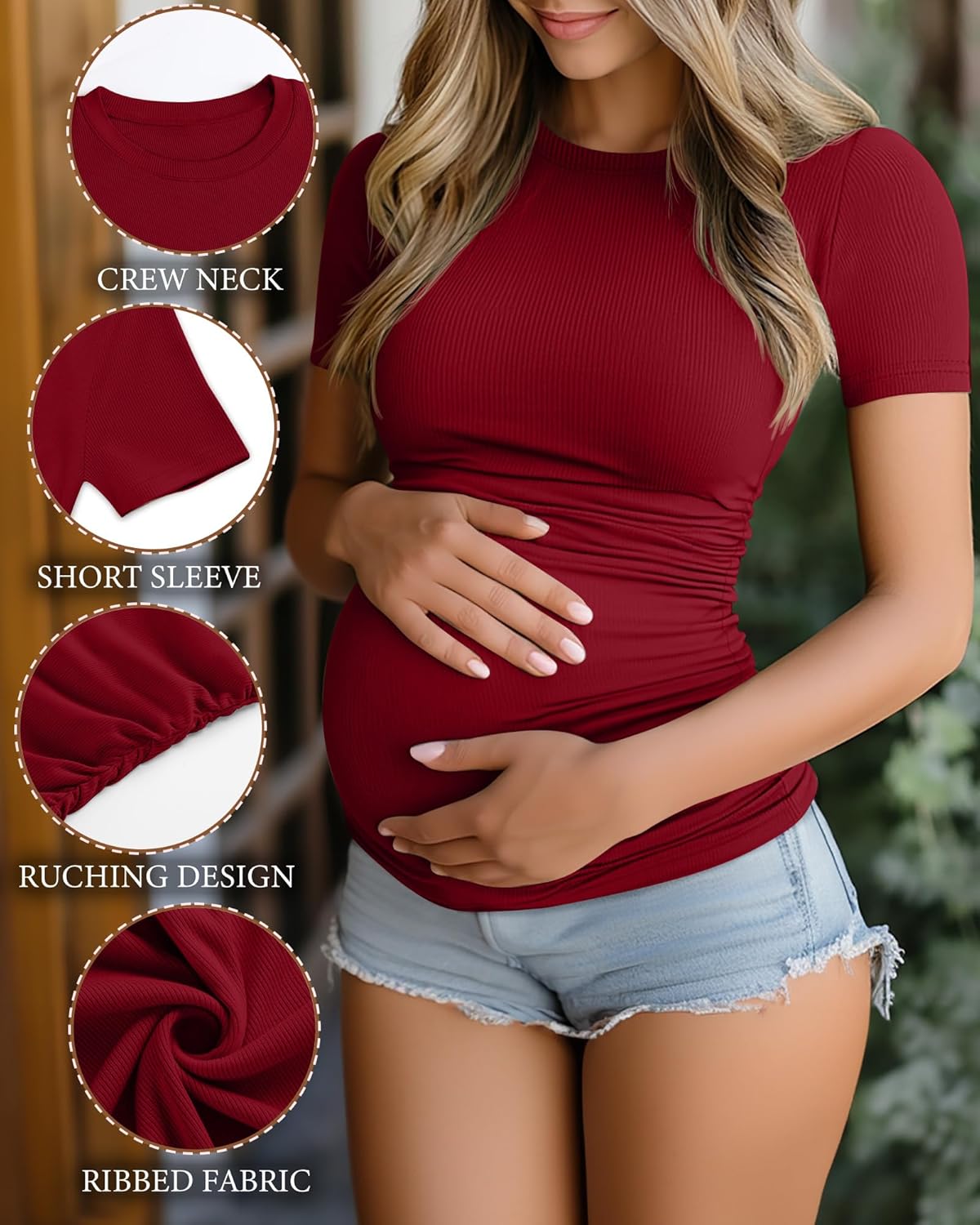 Ficerd 3 Pack Women's Maternity Shirts Cotton Short Sleeve Pregnancy Tops Side Ruched Ribbed Casual Mama tees Clothes - Image 4
