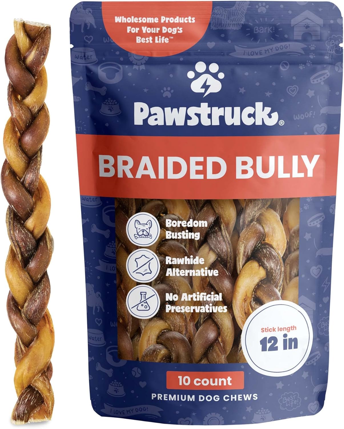 Pawstruck Natural 12” Braided Bully Sticks for Dogs - Tough, Long-Lasting, Rawhide-Free, Low Odor, Healthy Single Ingredient Chew Treat for Aggressive Chewers - 10 Count - Packaging May Vary