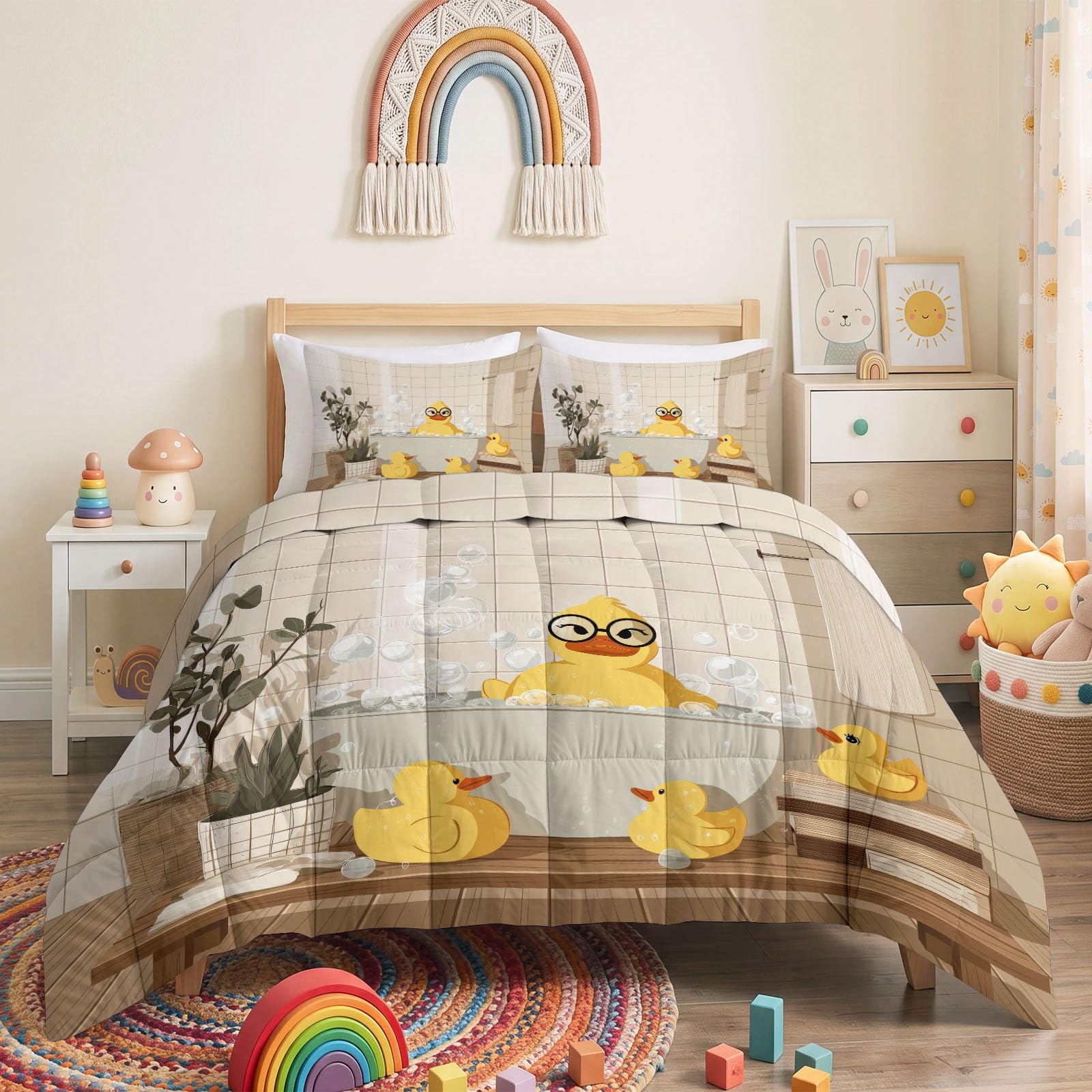 Trapunta 240 x 260 cm stampata anatra vasca da bagno bolle 4 stagioni per letto matrimoniale lavabile in lavatrice cartone animato bambino anatra gialla trapunta, reversibile senza fodera con 2 federe