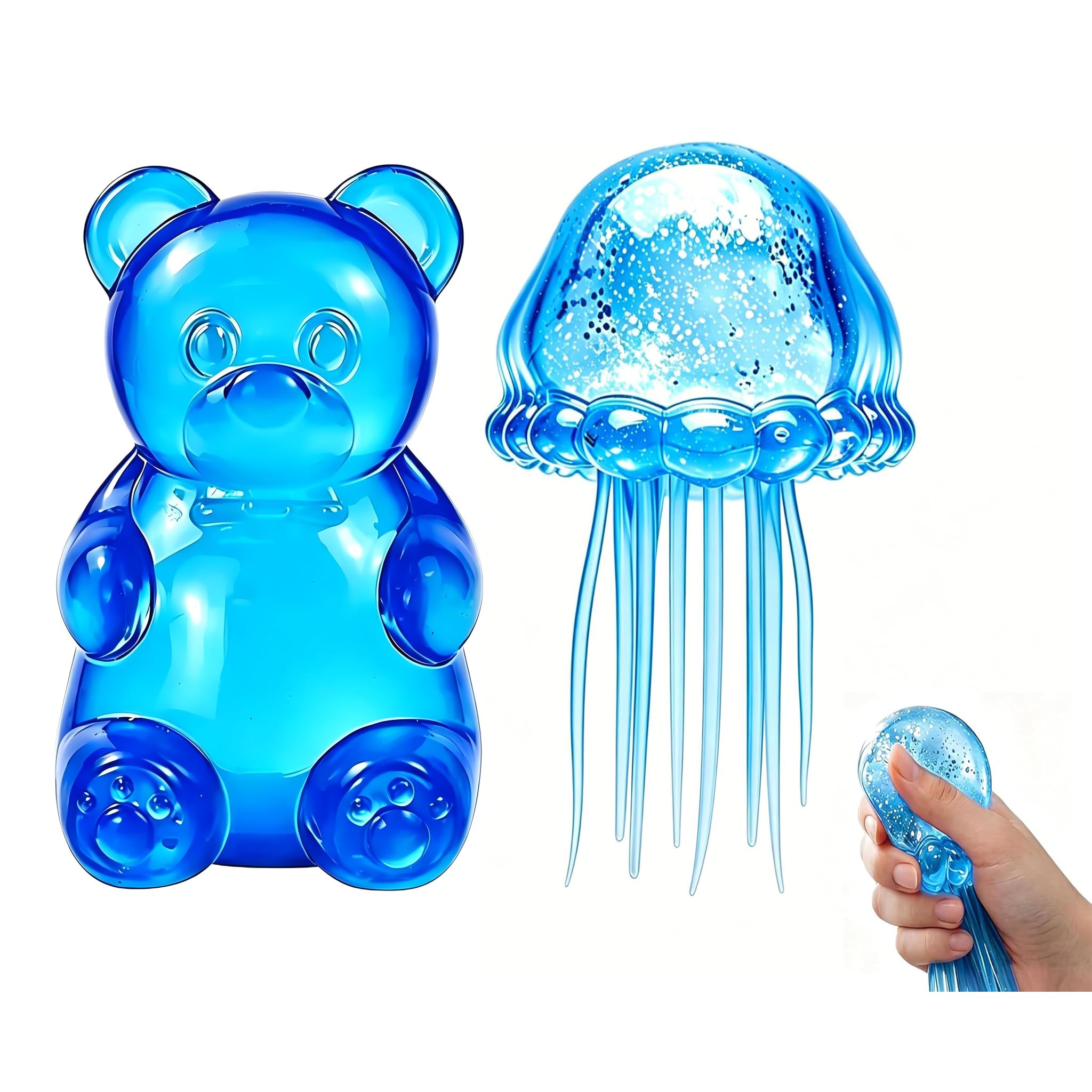 Glitter Jellyfish & Bear Squishy Toy，Jellyfish Squeeze Toys,Slow Rise Squishy Stress Balls,Soft TPR Sensory Toy with Wiggly Tentacles,Portable Anxiety Relief Squeeze Ball for Office