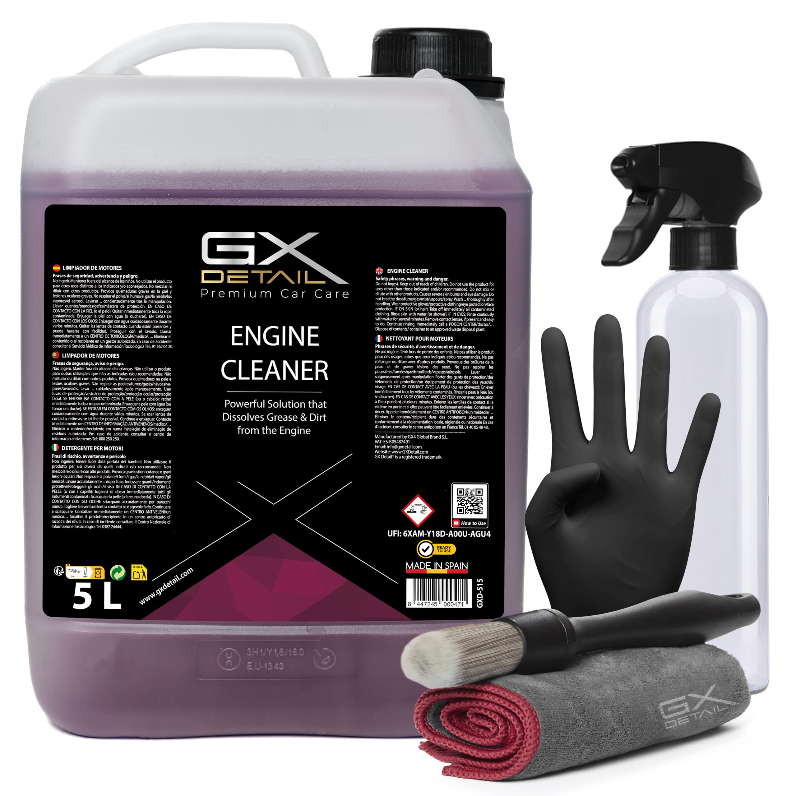 GxDetail Limpia Motores Premium para Coche 5 Litros – Desengrasante Potente y Seguro – Elimina Grasa, Aceite y Suciedad – Protección y Brillo Profesional – Fácil Aplicación.