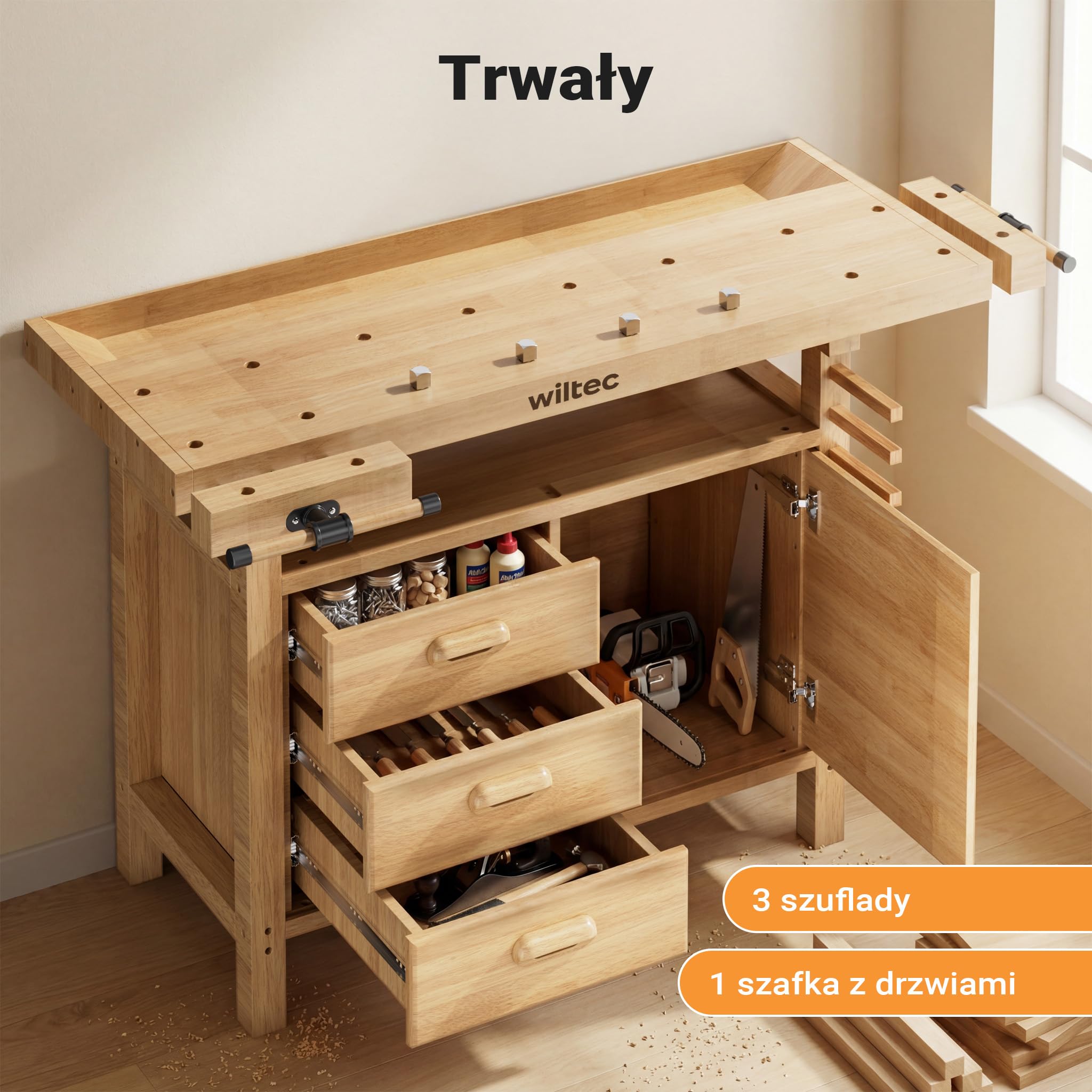 Wiltec Strugnica stół warsztatowy z drewna 126x50x84cm ława stolarska imadła haki szuflady i półka