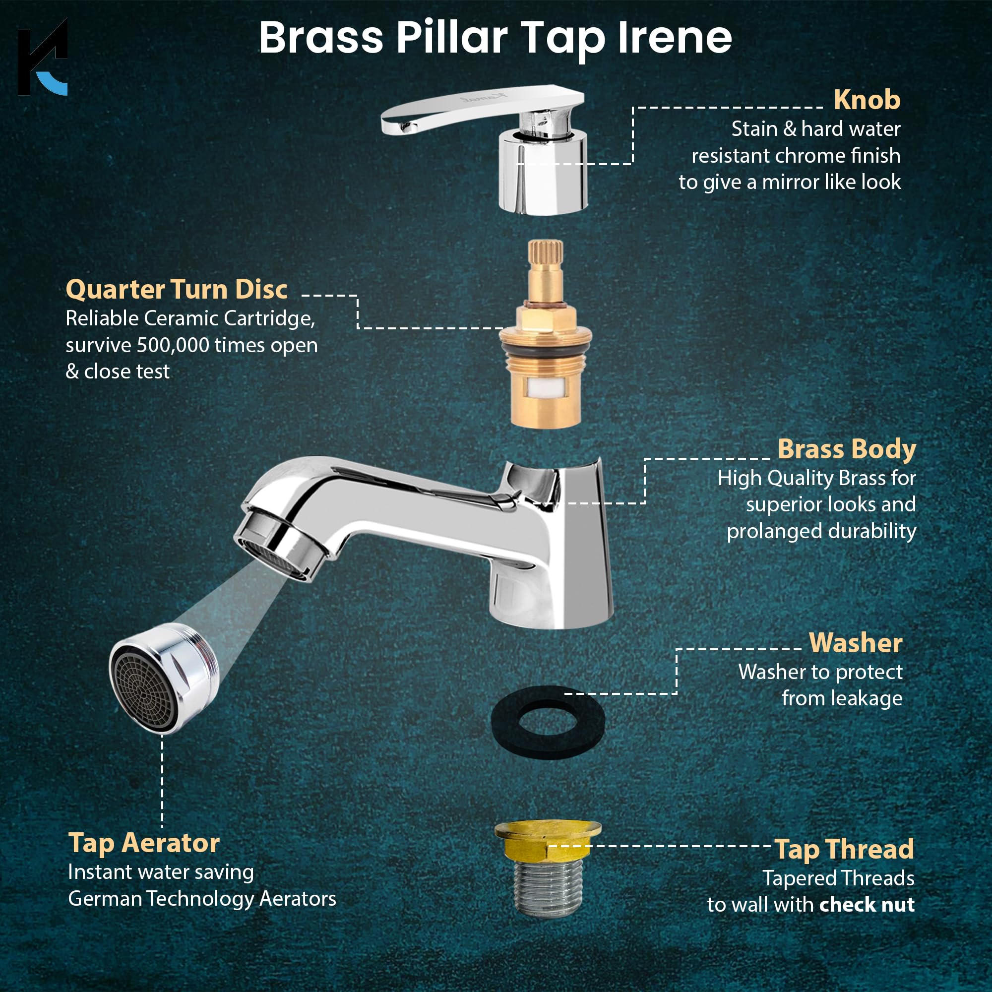 Kamal Irene Brass Bathroom Tap - Chrome Finish -2