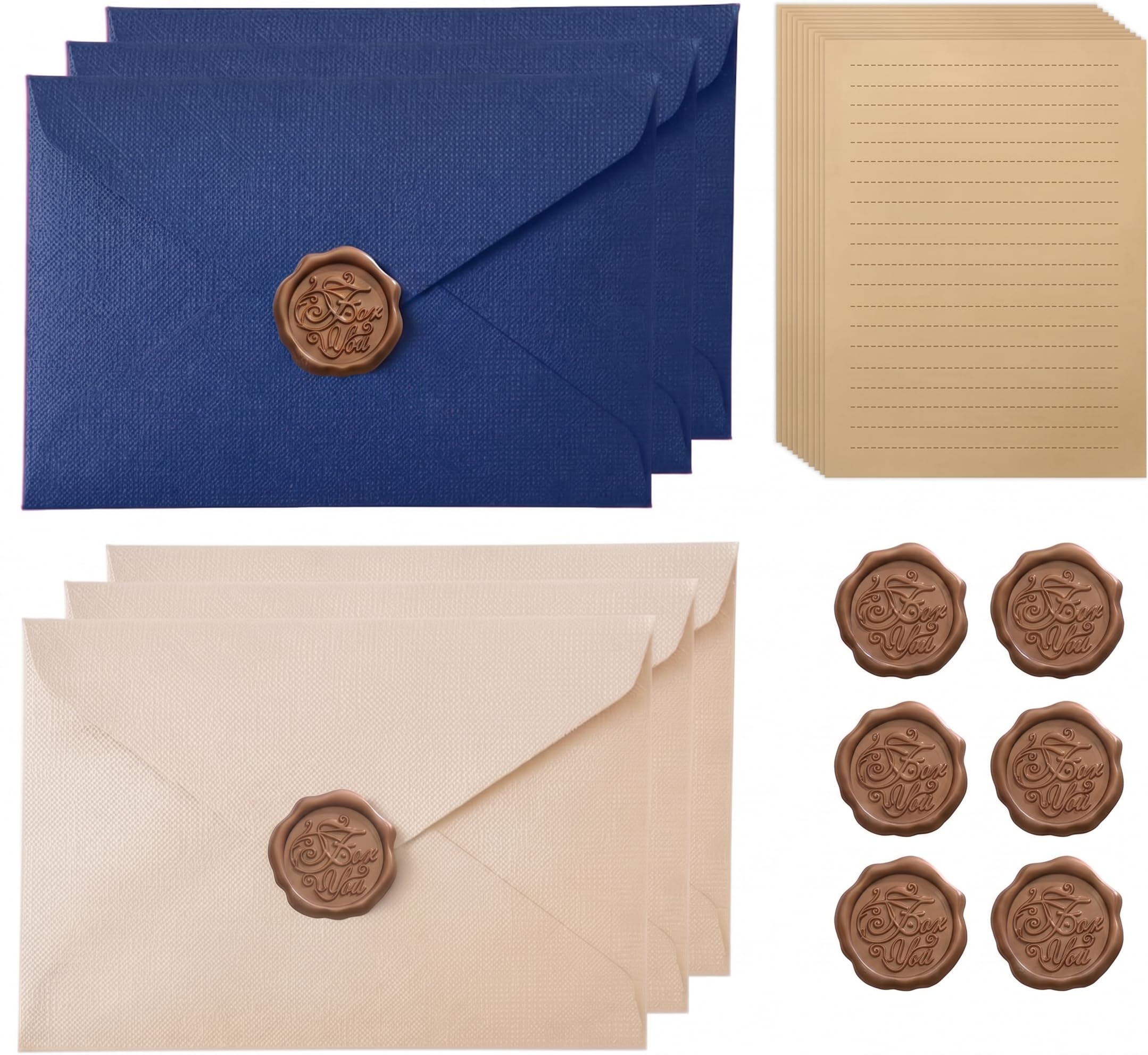 Vintage Letter Paper and Envelopes Set, 6 Envelopes A5 10 Writing Paper Kraft Sheets with 6 Wax Seal Stickers, for Wedding Birthday Love Letters & Greeting Cards