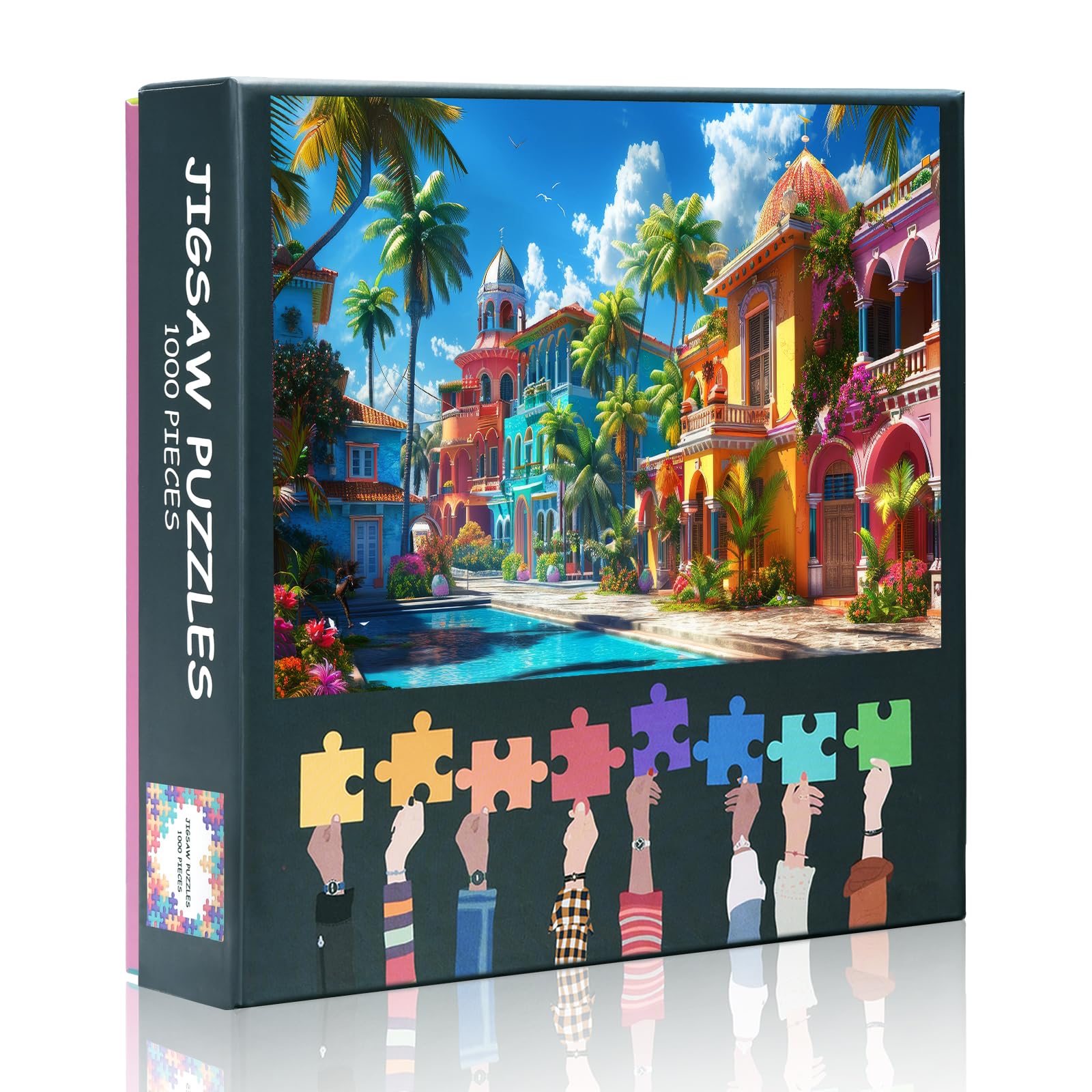 1000-Piece Jigsaw Puzzle Set: Vibrant Tropical Paradise with Colorful Buildings, Palm Trees, and Scenic Landscapes
