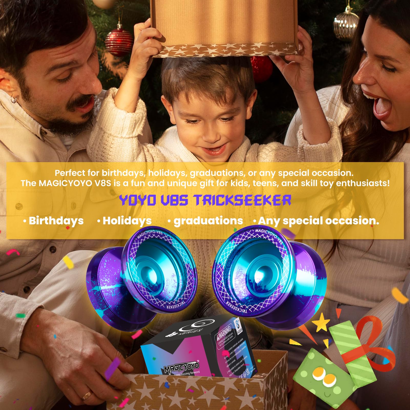 MAGICYOYO V8S JoJo für Kinder ab 8 Jahren - Profi Finger-Spin Yoyo für Anfänger & Fortgeschrittene, 2-in-1 JoJo (Responsive & unresponsive), Trick-JoJo inkl. 12 Schnüren & Tasche