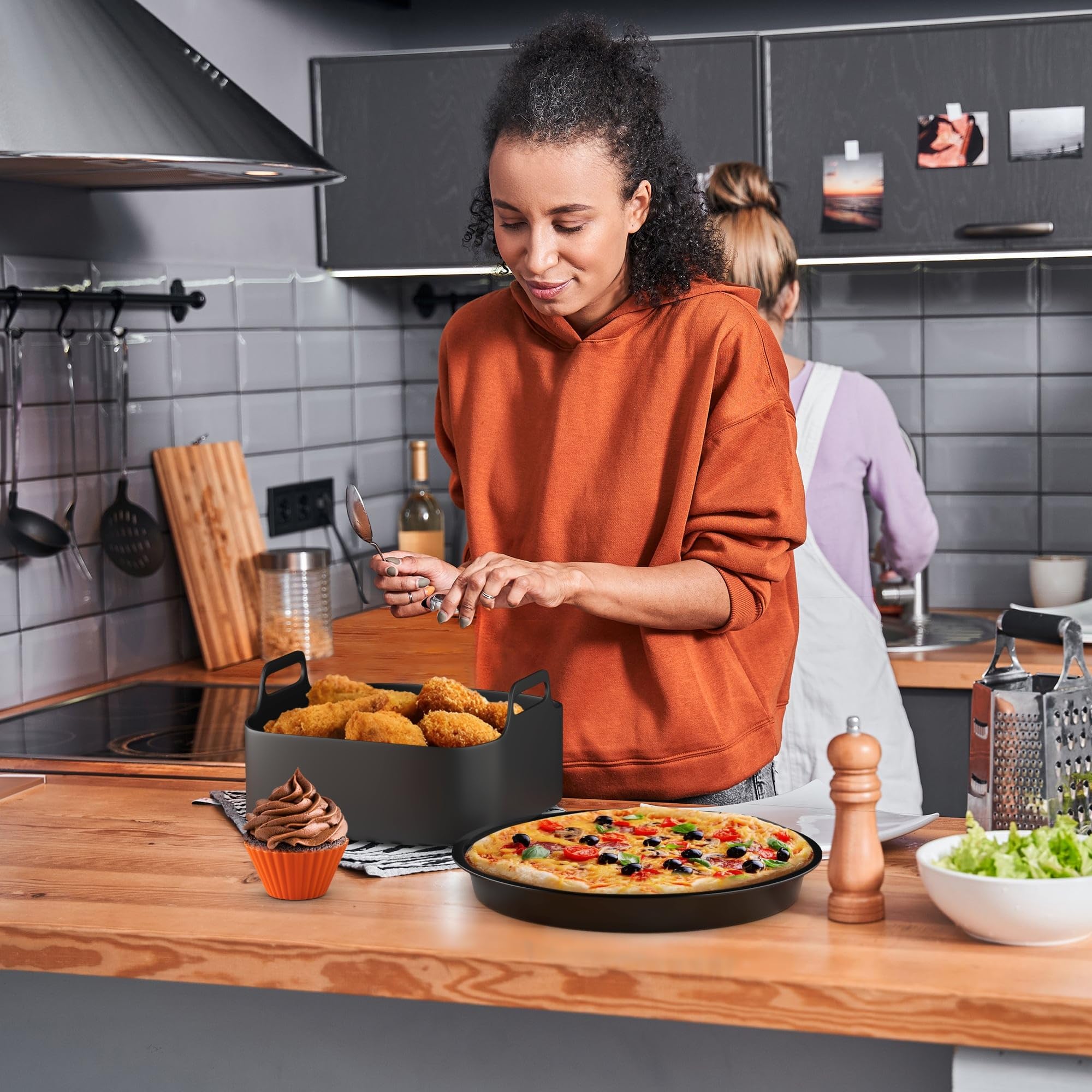 Accessori Friggitrice ad Aria per Philips 6,2L, Cosori e Cecotec | Set con teglia in silicone (23cm), griglia e teglia per pizza. Acciaio inox privo di BPA lavabile in lavastoviglie