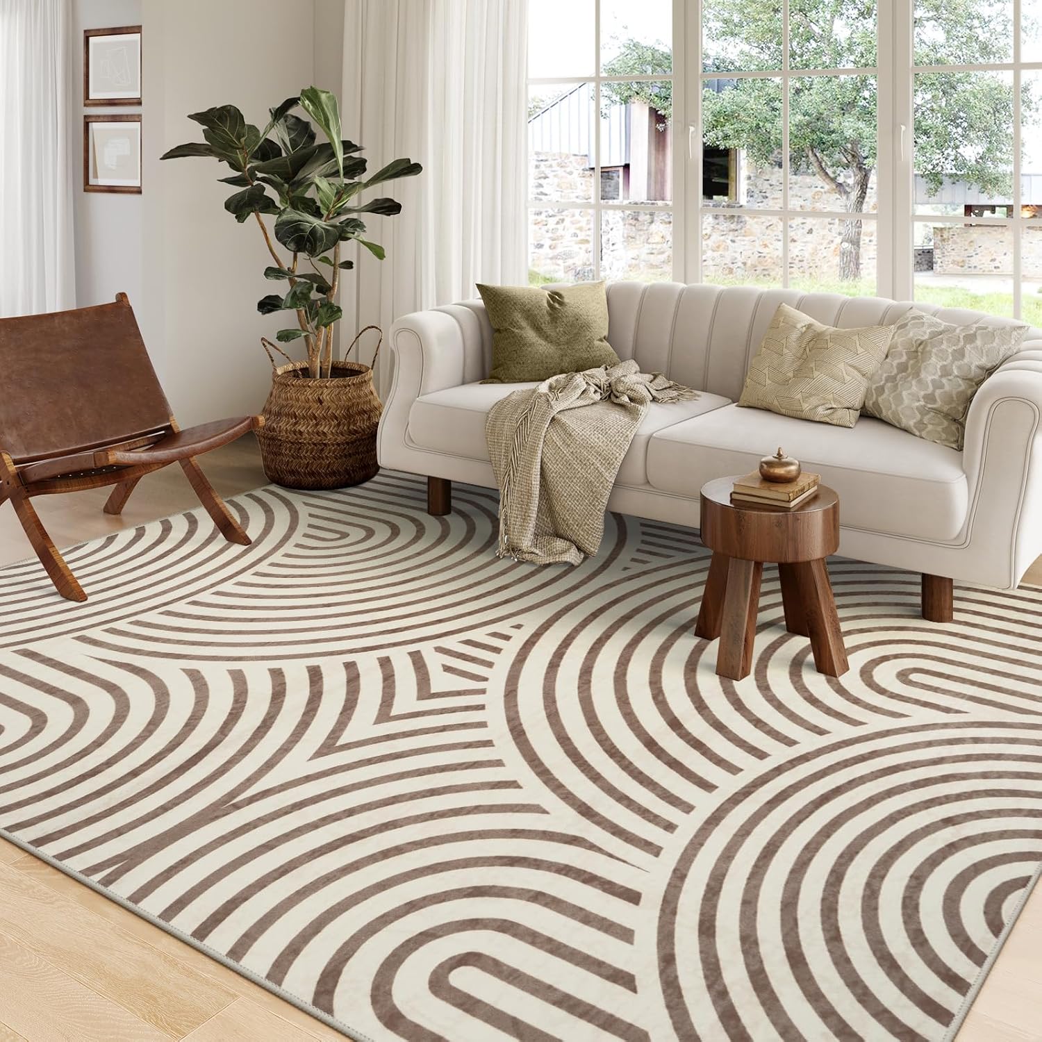 LIVEBOX Washable 8x10 Area Rugs for Living Room, Non-Slip Backing Abstract Modern Rugs, Soft Low Pile Rainbow Large Area Rug for Bedroom, Carpet for Living Dining Office Room(Brown,8'x10') 8' x 10' Brown/Rainbow-1