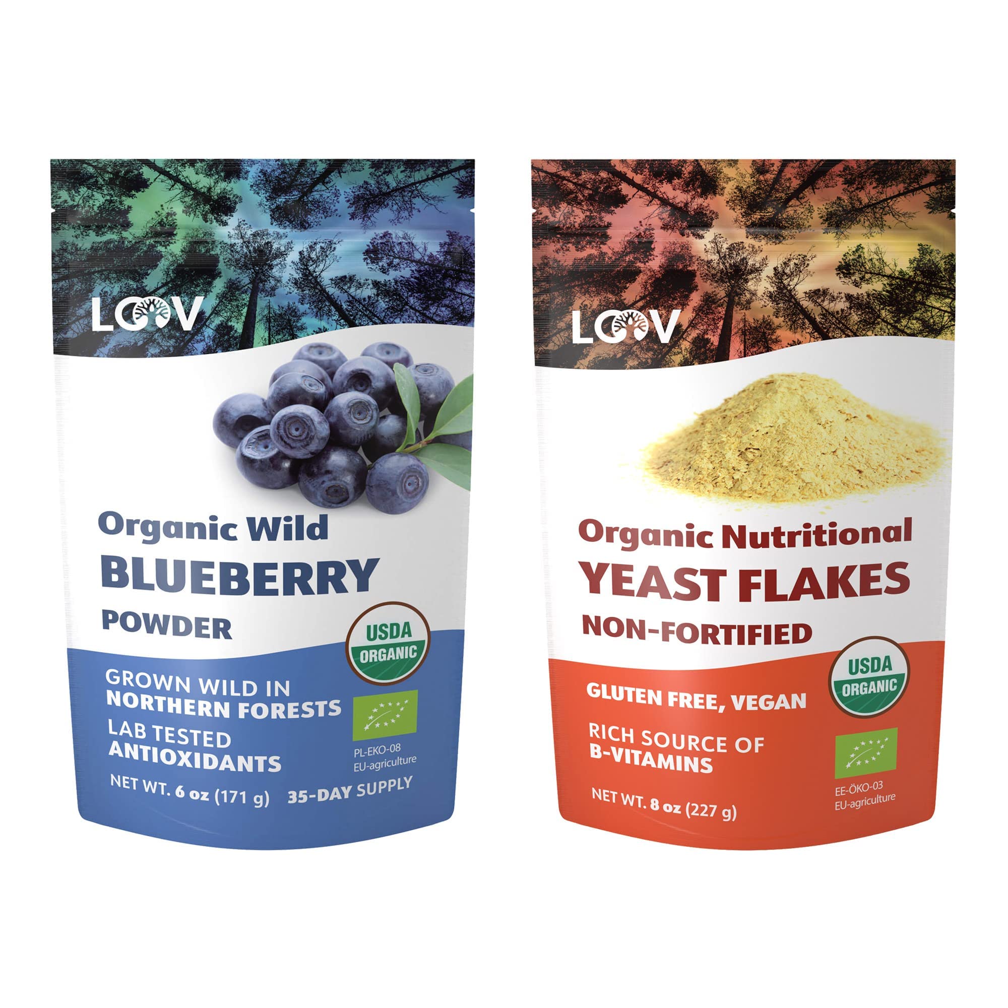 Bundle – 2 items: LOOV Organic Wild Blueberry Powder and Organic Non-Fortified Nutritional Yeast Flakes