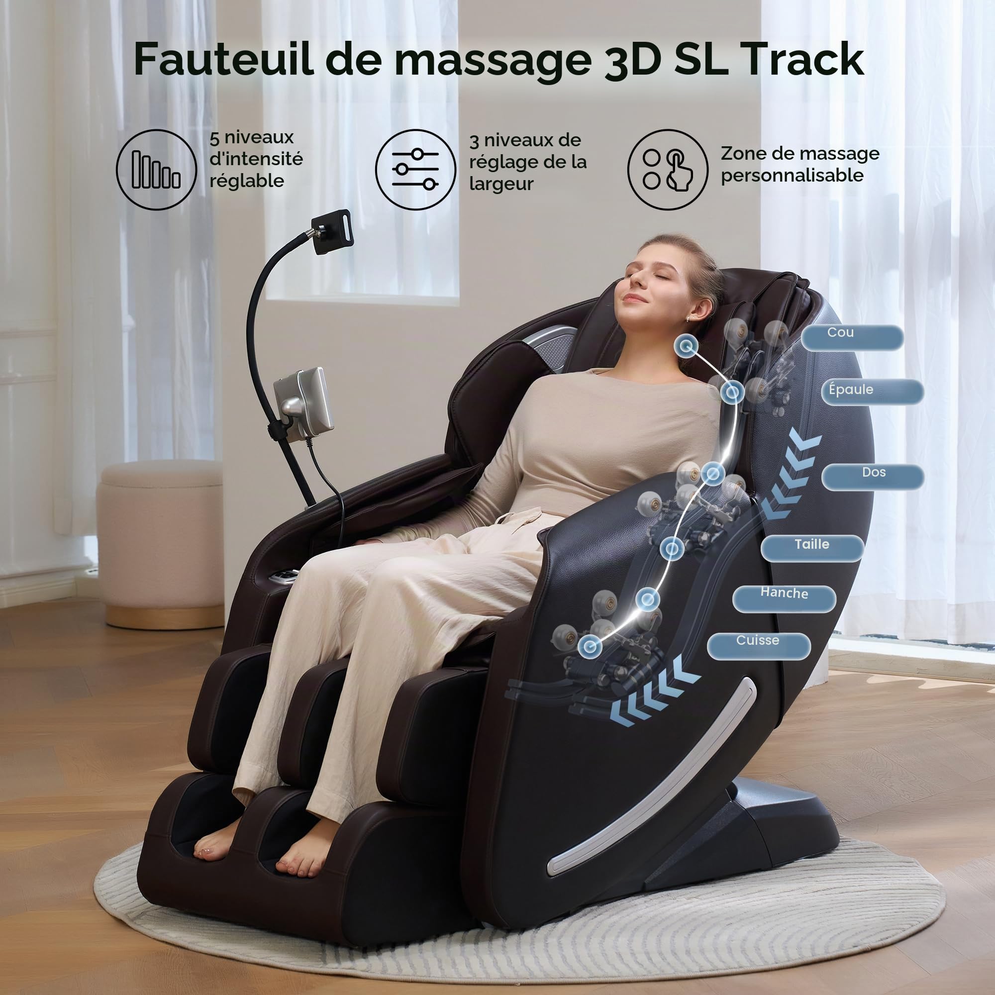 Real Relax Fauteuil de Massage SL-Track Zero Gravity Complet du Corps, Fauteuil de Massage Shiatsu inclinable avec Technologie Heat Body Scan Bluetooth, Favor-06 Marron et Noir