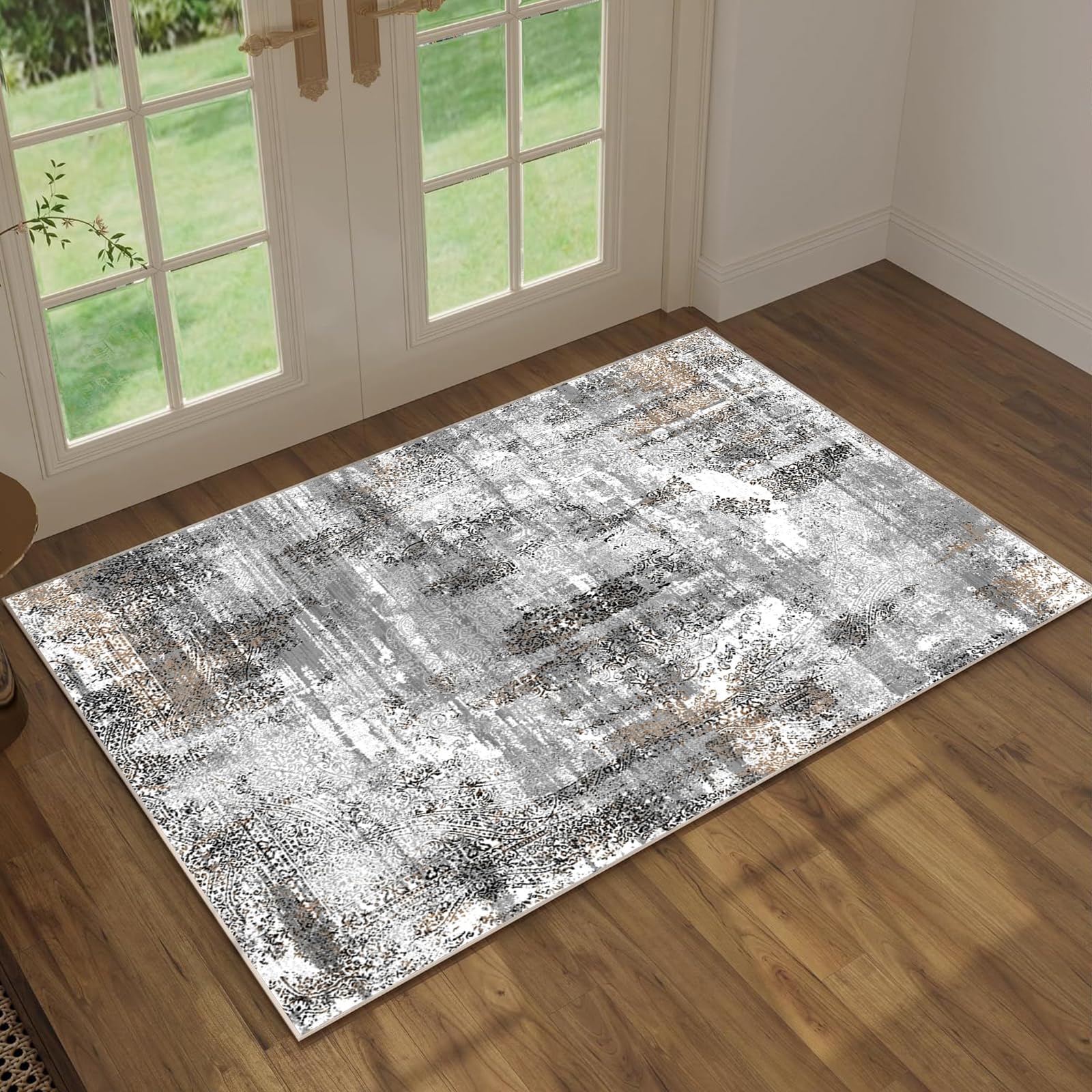 3x4 Rugs for Bedroom Living Room - Machine Washable Rugs Large Non Slip Area Rugs Loop Pile Carpet Oriental Neutral Print Floor Rug (Grey/Taupe/Black