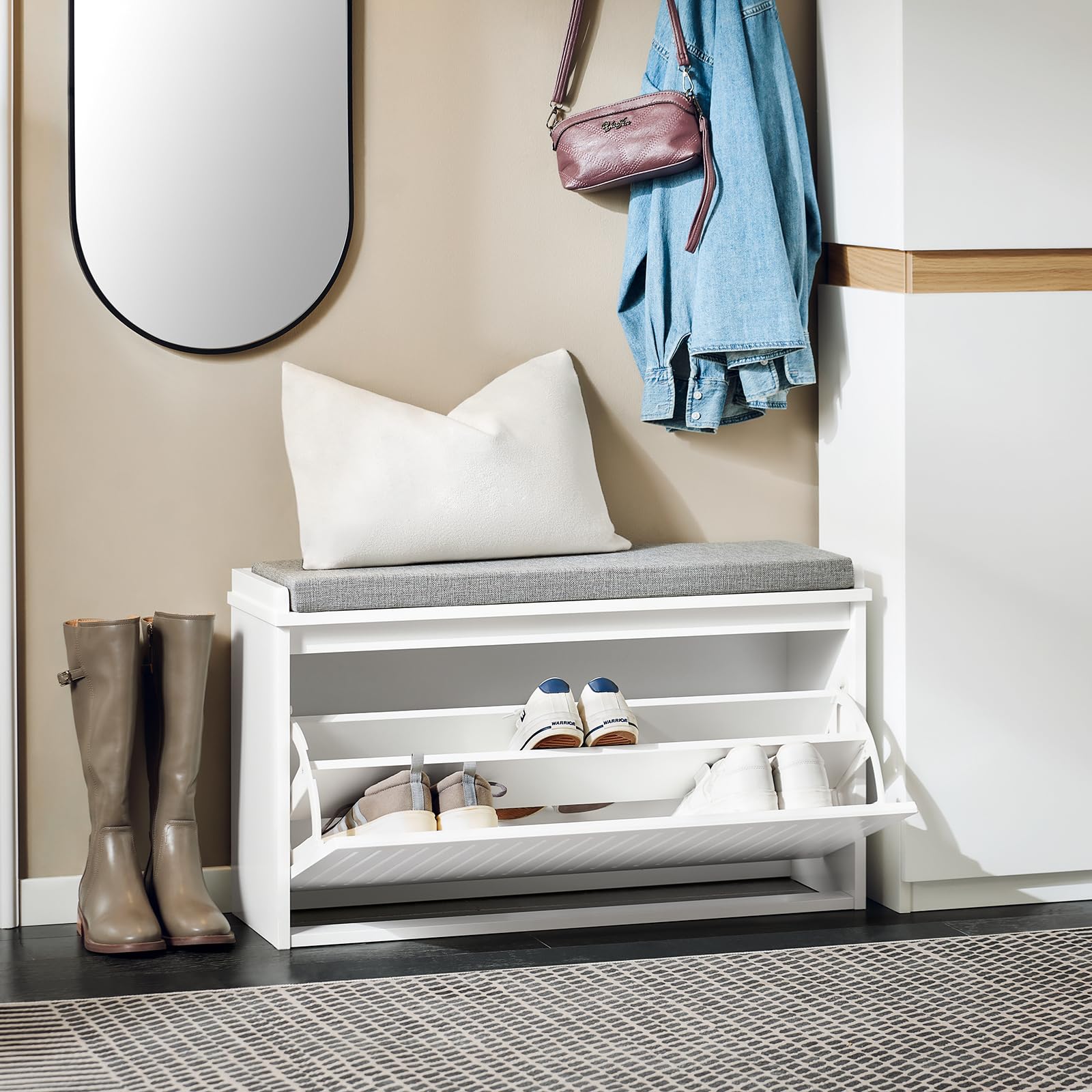 SoBuy FSR98-L-W szafka na buty z siedziskiem i poduszką, obciążenie do 155 kg, do korytarza i salonu, 80 x 45 x 26 cm, biała