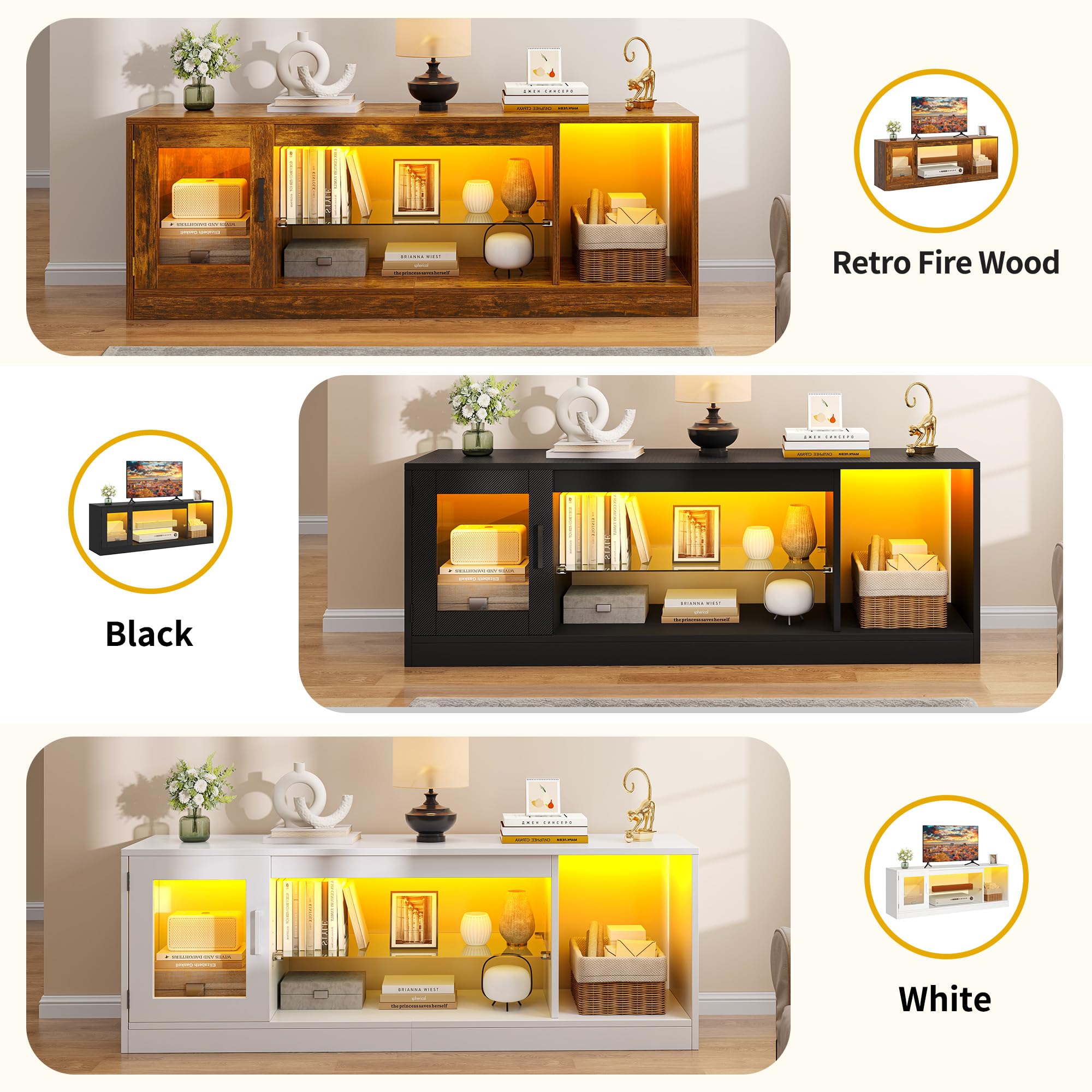 DWVO 148cm Mobile TV con Illuminazione LED RGB 22 Modalità Per TV fino a 65 Pollici Scaffale con Ripiani in Vetro Regolabili Ideale per Soggiorno e Camera da Letto