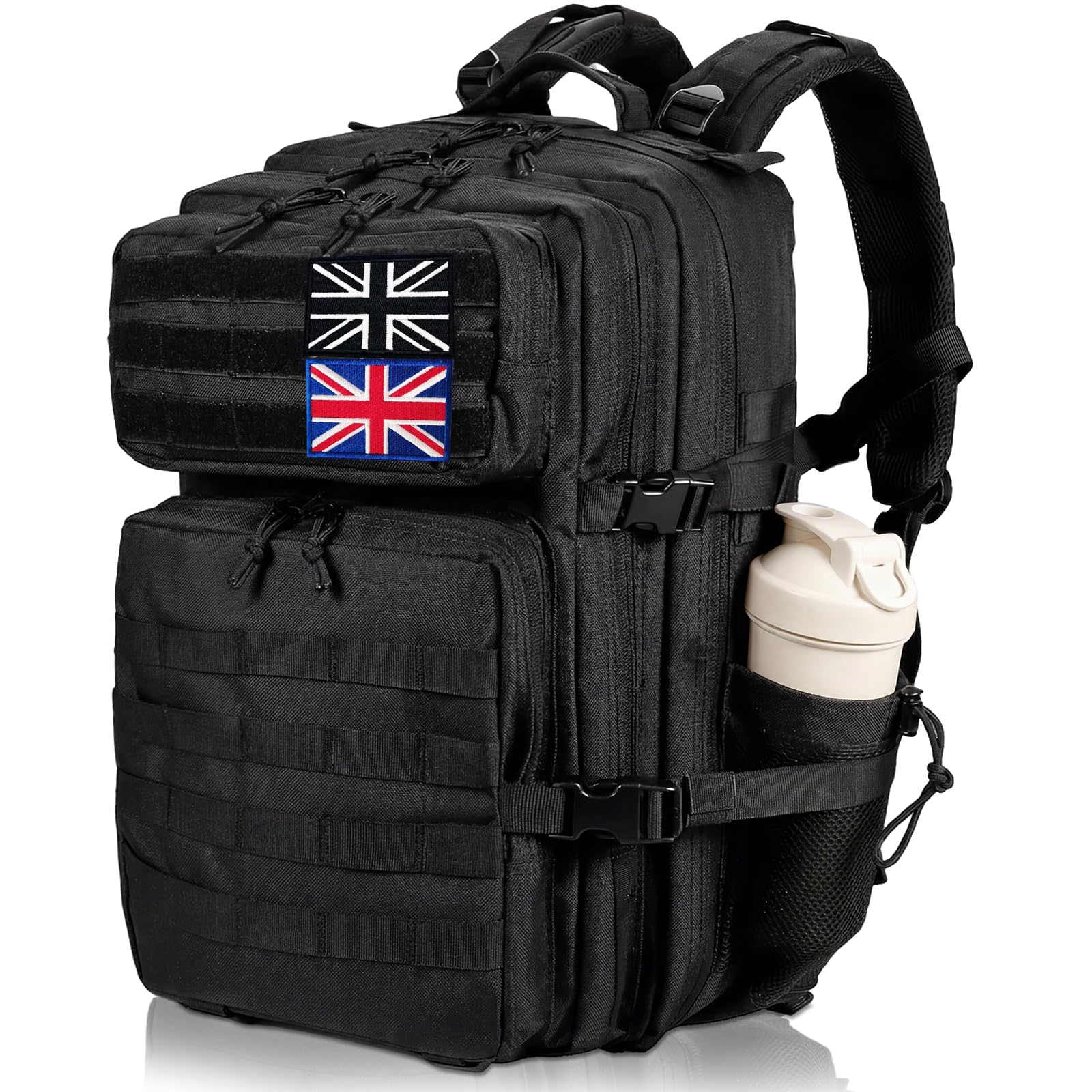 Vnvnvnv 45L Military Tactical Backpacks Large Molle Army Assault Pack 3 Day Bug Out Bag Laptop Bag for Hiking Treeking Black Hunting Rucksack with 2 Flag Patches (Black-Mesh Pockets)