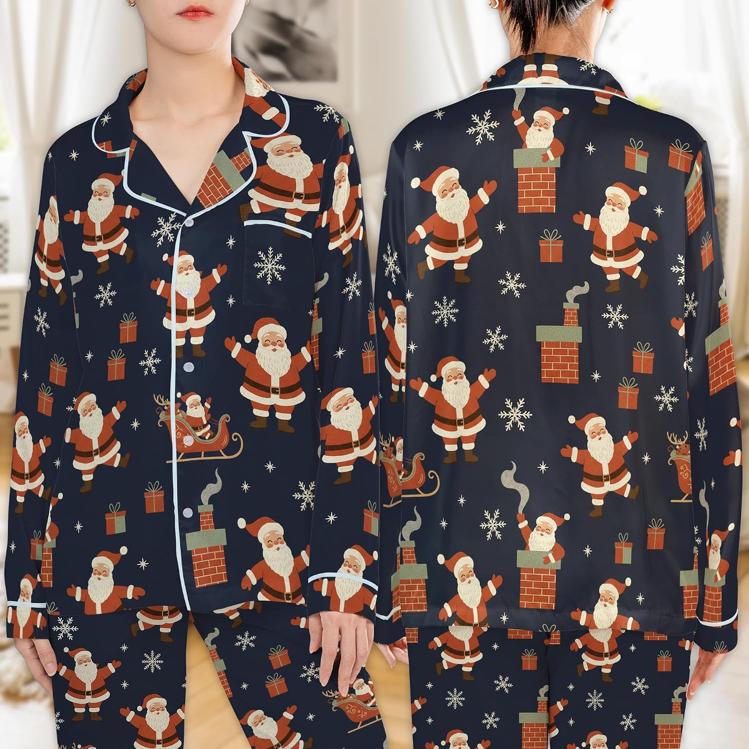 ThuhaTree Store Christmas Santa Pajamas Set Short & Long, Christmas Theme Pajamas Set Design For Lovers Multi