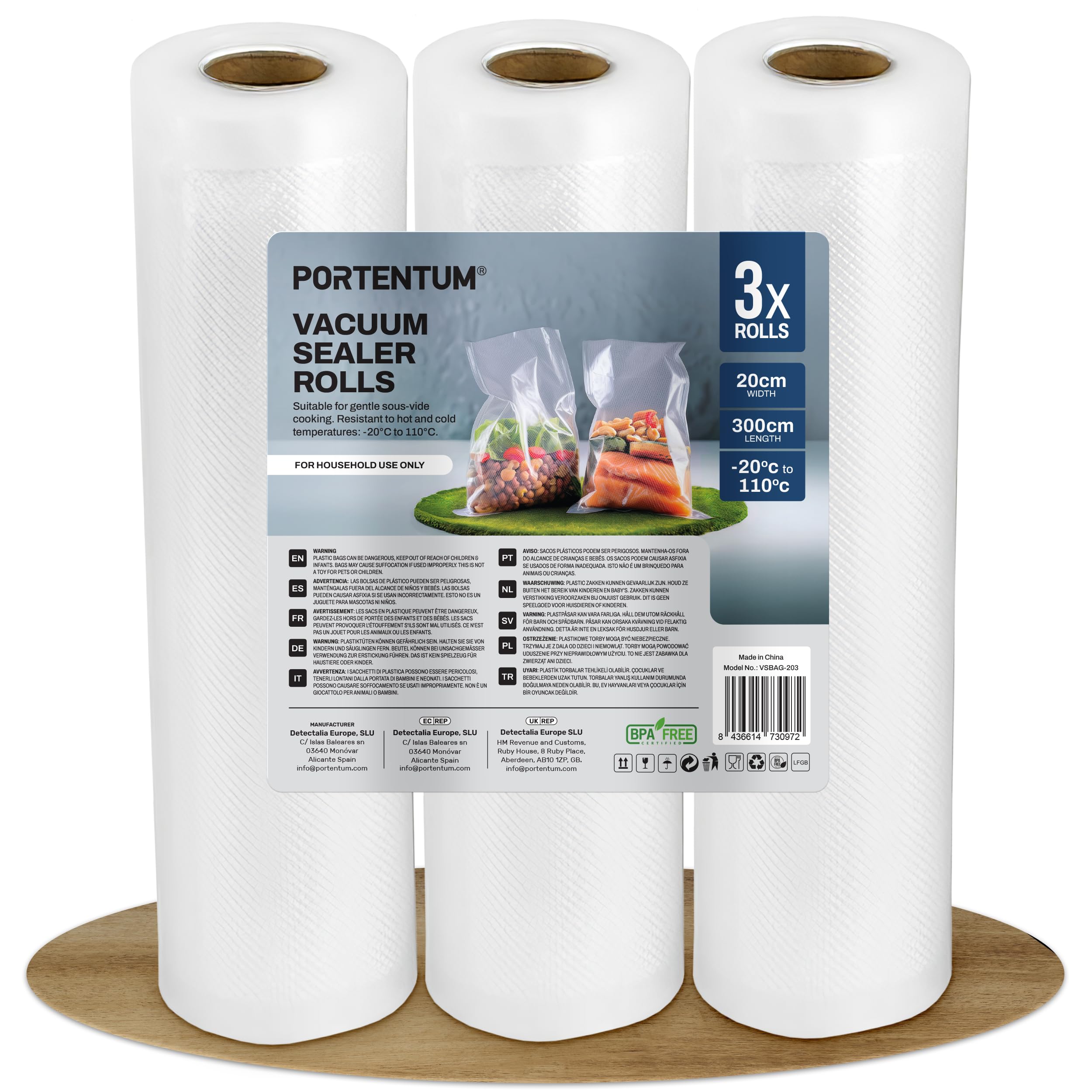 PORTENTUM Vakuumrollen 3 Rollen 20cm x 300cm (9m) Vakuumierfolie - Profi Vakuumbeutel für Vakuumierer & Lebensmittel Vakuumiergerät, Kochfest und Sous Vide Gefrierbeutel, BPA-frei und LFGB