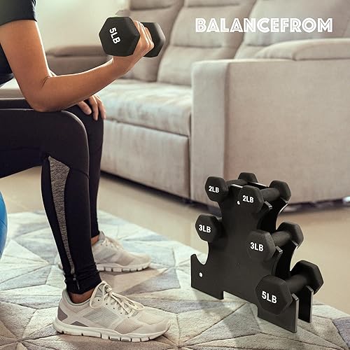 Miniatura 7 de BalanceFrom Neoprene Coated Iron Dumbbell Hex Weights Set with Stand  Color-Coded or Black Options with Non-Slip Grip for Strength Training,