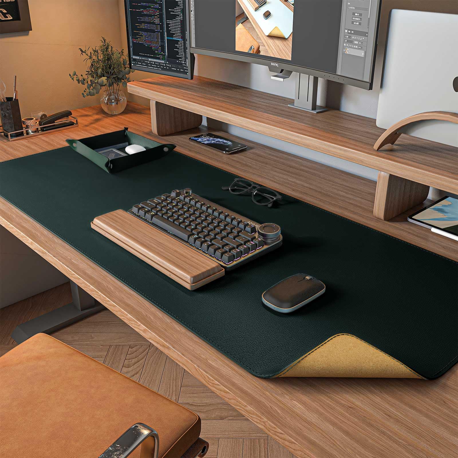 DAWNTREES Dark Green Desk Mat,Leather Desk Pad,35.5"x17",Cork Desk Mat Protector,with PU Leather Valet Tray Organizer,Large Mouse Pad,Desk Writing Pad for Office and Home — image 1